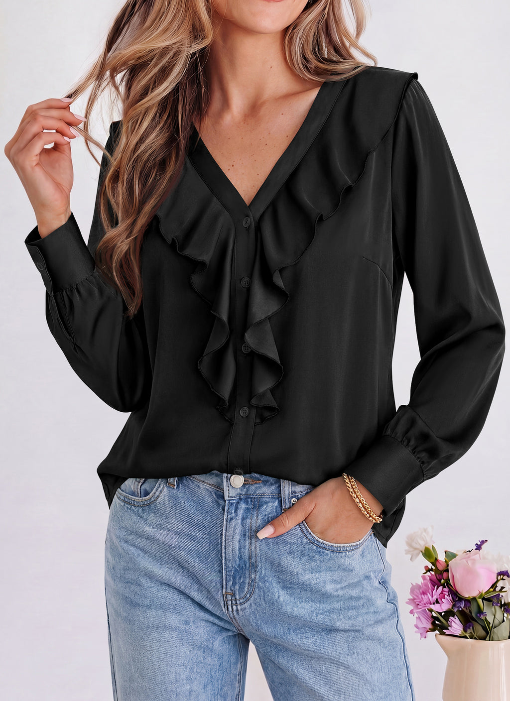 dowerme Womens Long Sleeve Tops Satin Ruffle Button Shirts