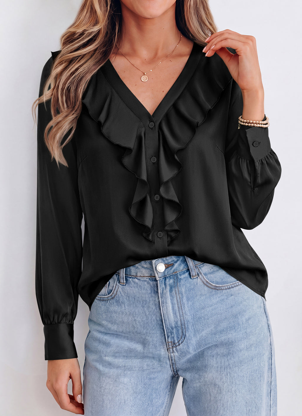 dowerme Womens Long Sleeve Tops Satin Ruffle Button Shirts
