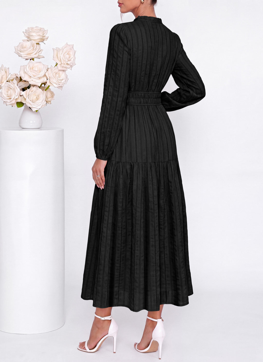 dowerme Women Fall Long Sleeve Dress 2026 Casual Ruffle V Neck Tie Front Elastic Waist Maxi Cotton Wedding Guest Dresses