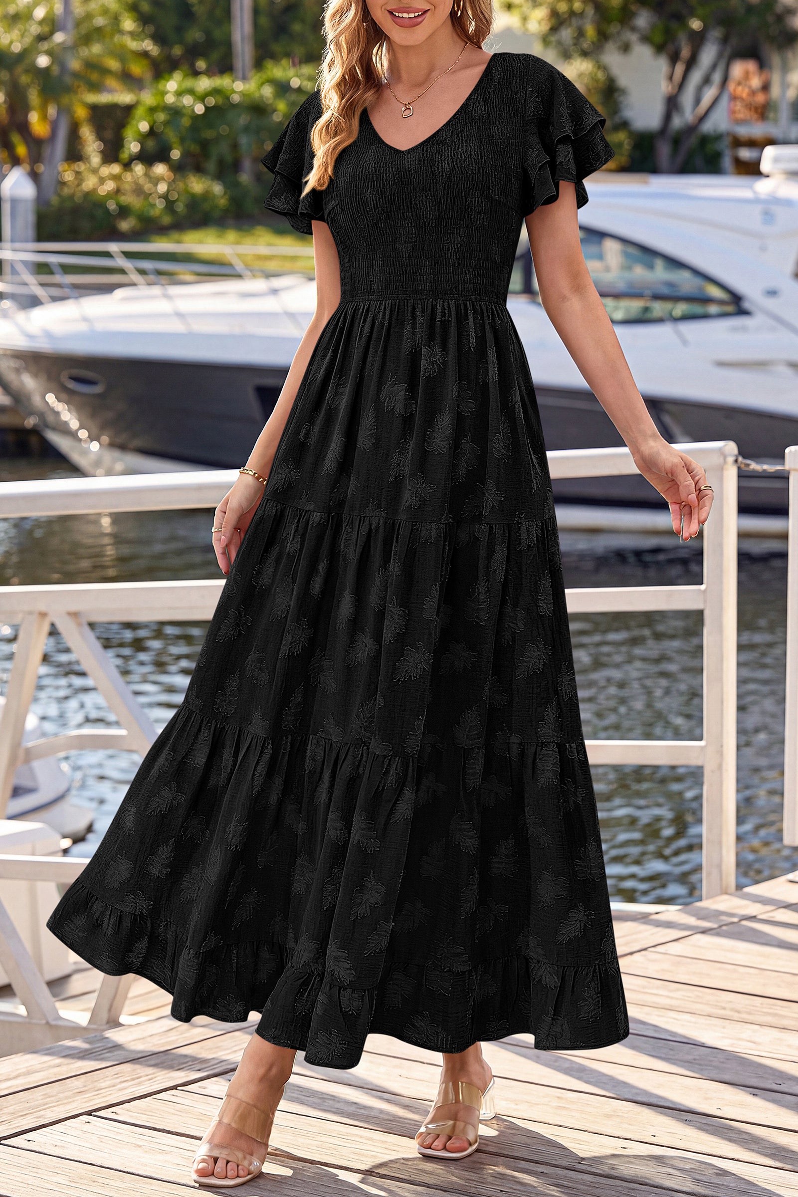 dowerme Maxi Dresses For Women 2026 Summer Ruffle Sleeve V Neck Smocked A Line Floral Boho Tiered Sundress Spring Outfit