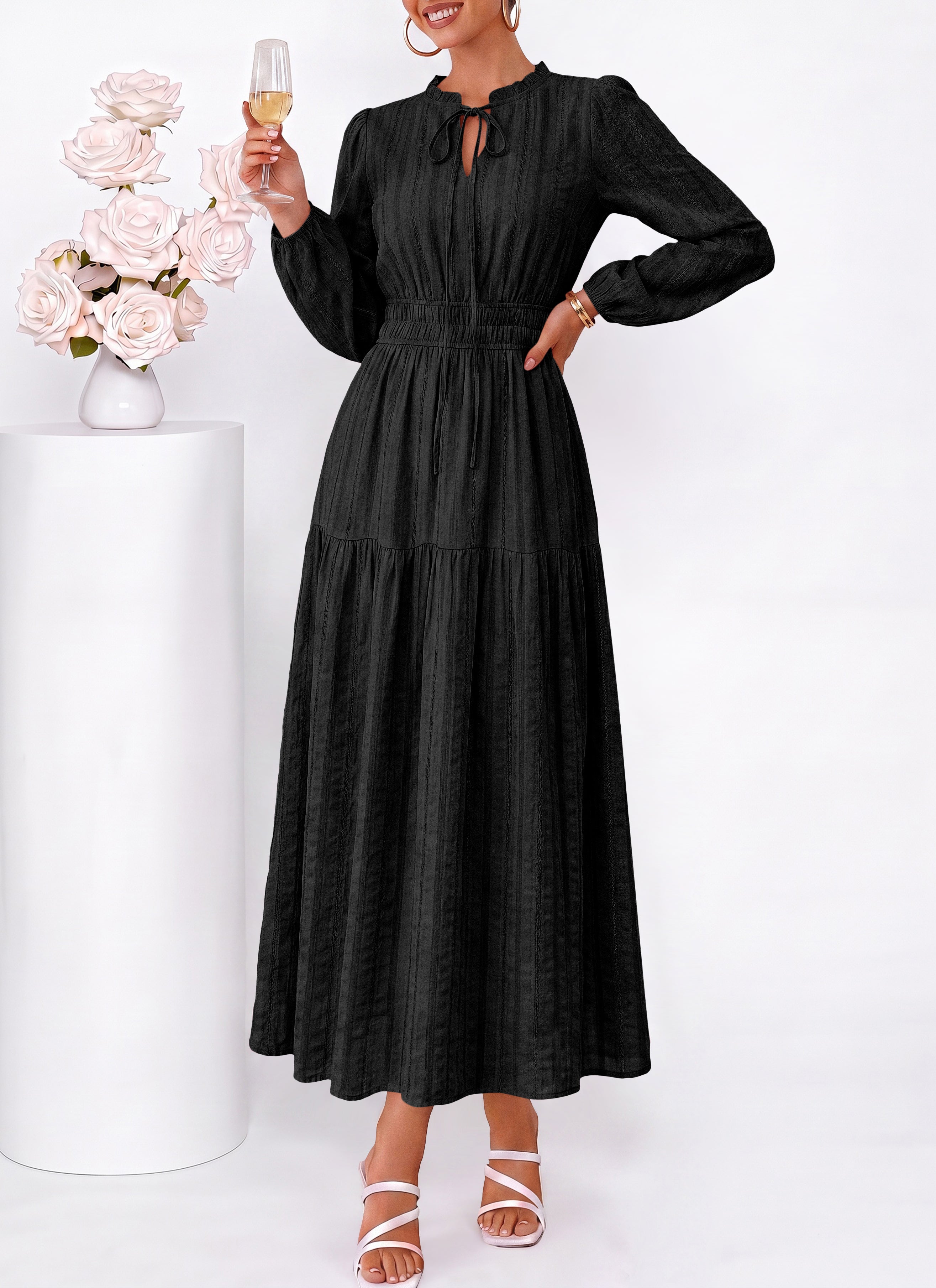 dowerme Women Fall Long Sleeve Dress 2026 Casual Ruffle V Neck Tie Front Elastic Waist Maxi Cotton Wedding Guest Dresses
