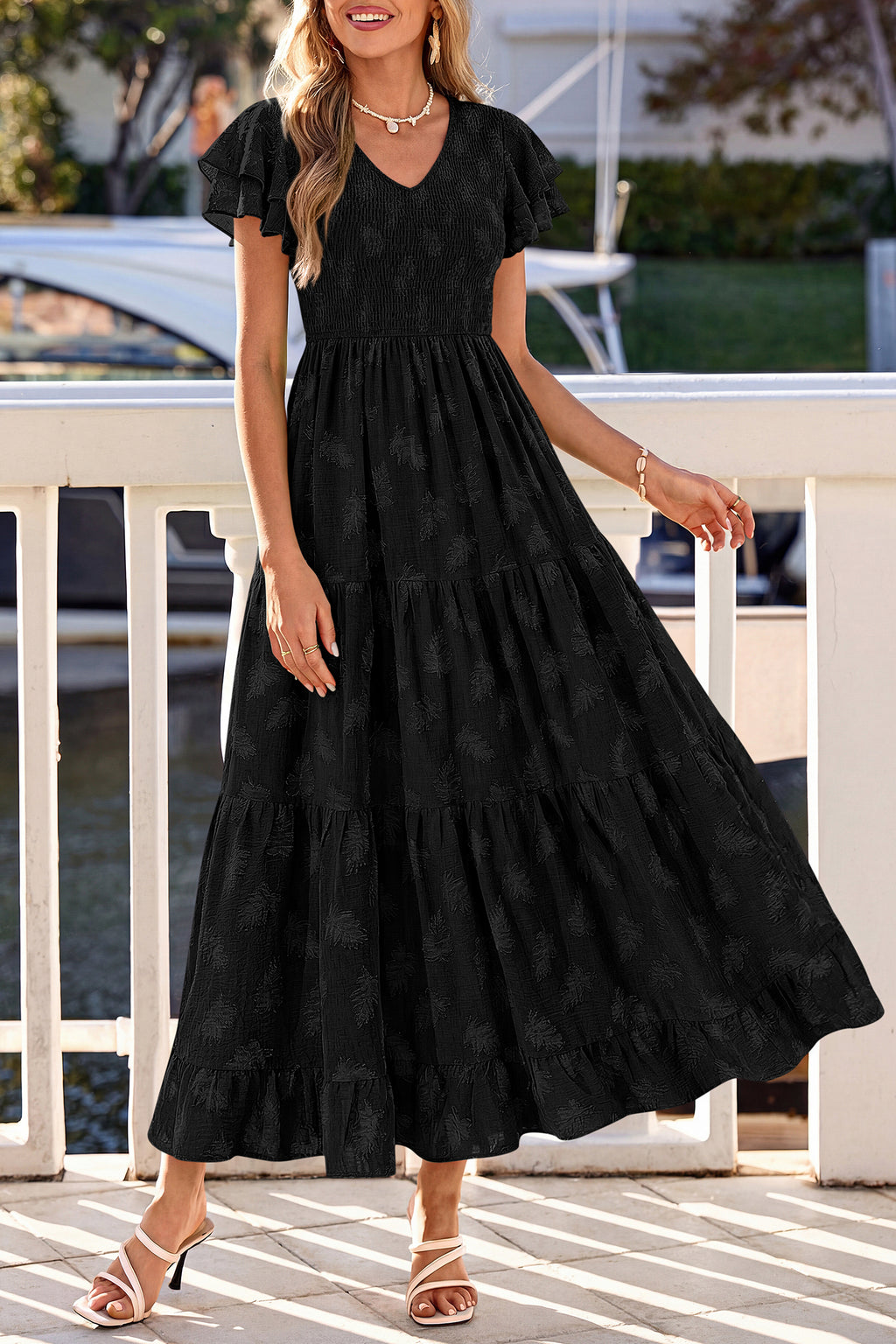 dowerme Maxi Dresses For Women 2026 Summer Ruffle Sleeve V Neck Smocked A Line Floral Boho Tiered Sundress Spring Outfit