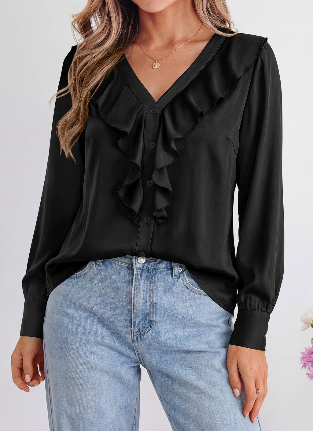 dowerme Womens Long Sleeve Tops Satin Ruffle Button Shirts