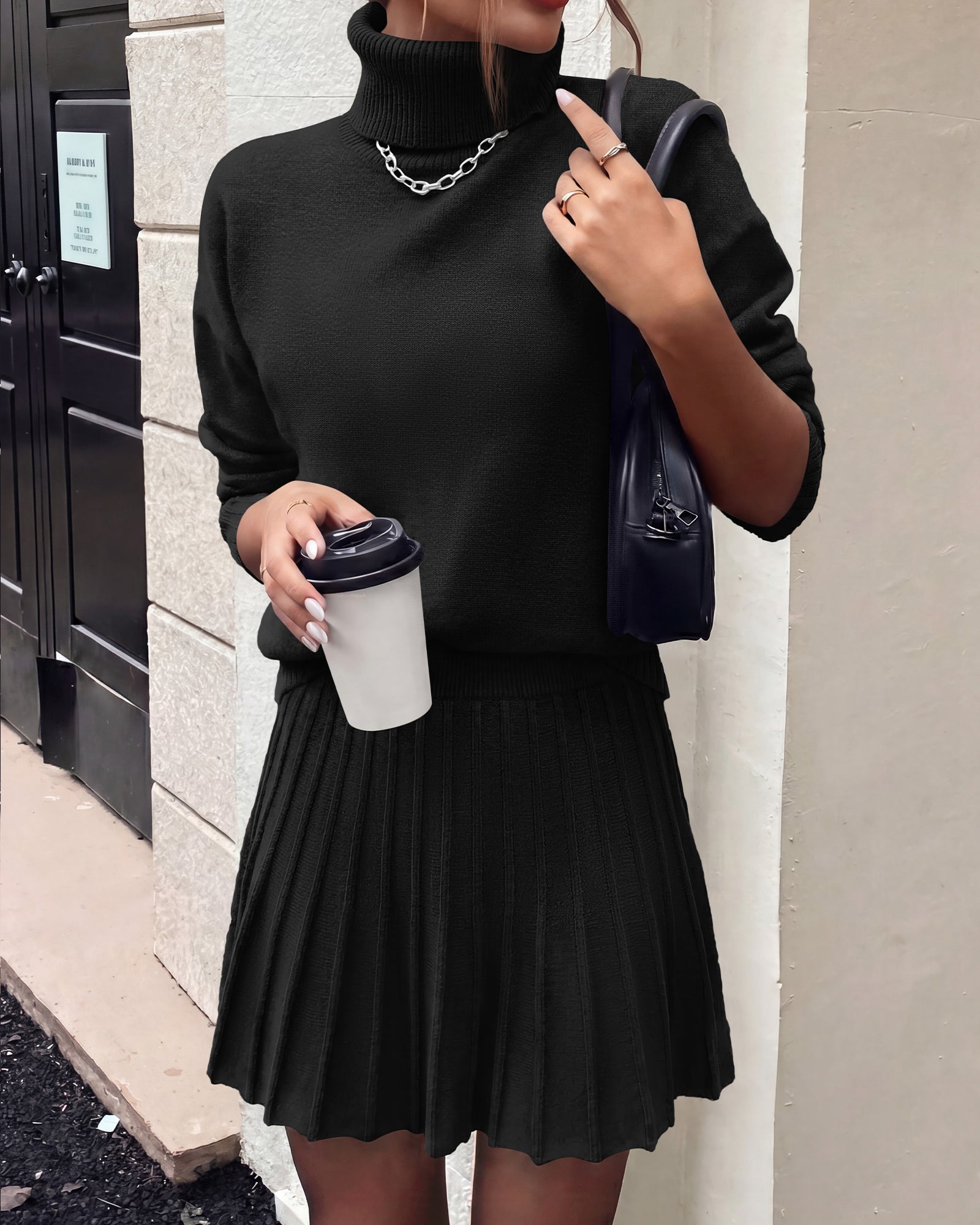 dowerme 2 Piece Sets For Women 2026 Fall Turtleneck Sweater Pleated Mini Skirt Set Cute Winter Clothing Vacation Outfits