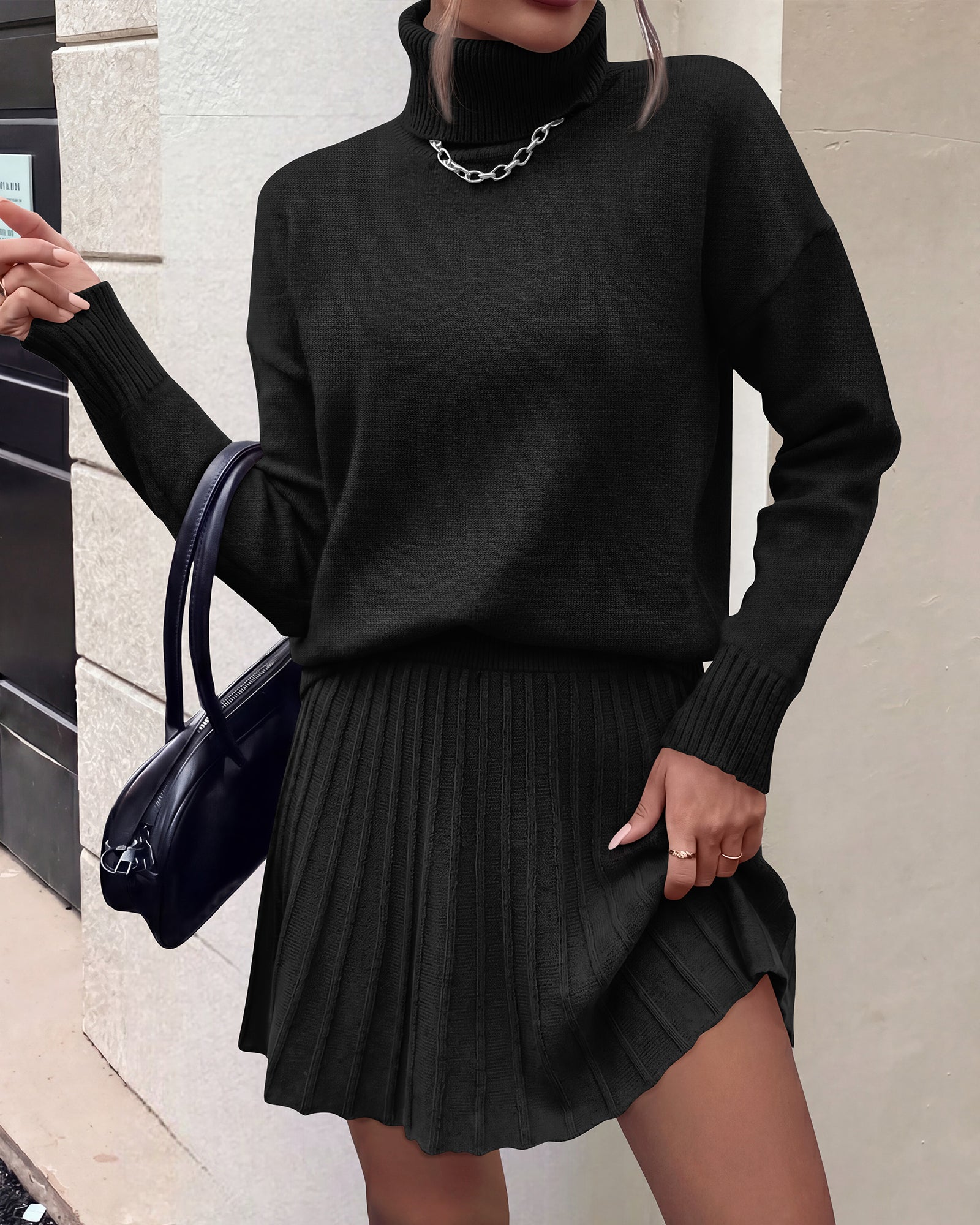 dowerme 2 Piece Sets For Women 2026 Fall Turtleneck Sweater Pleated Mini Skirt Set Cute Winter Clothing Vacation Outfits