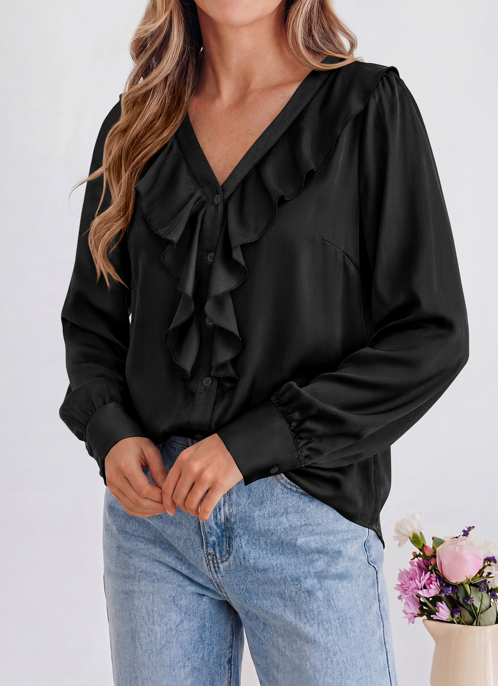 dowerme Womens Long Sleeve Tops Satin Ruffle Button Shirts