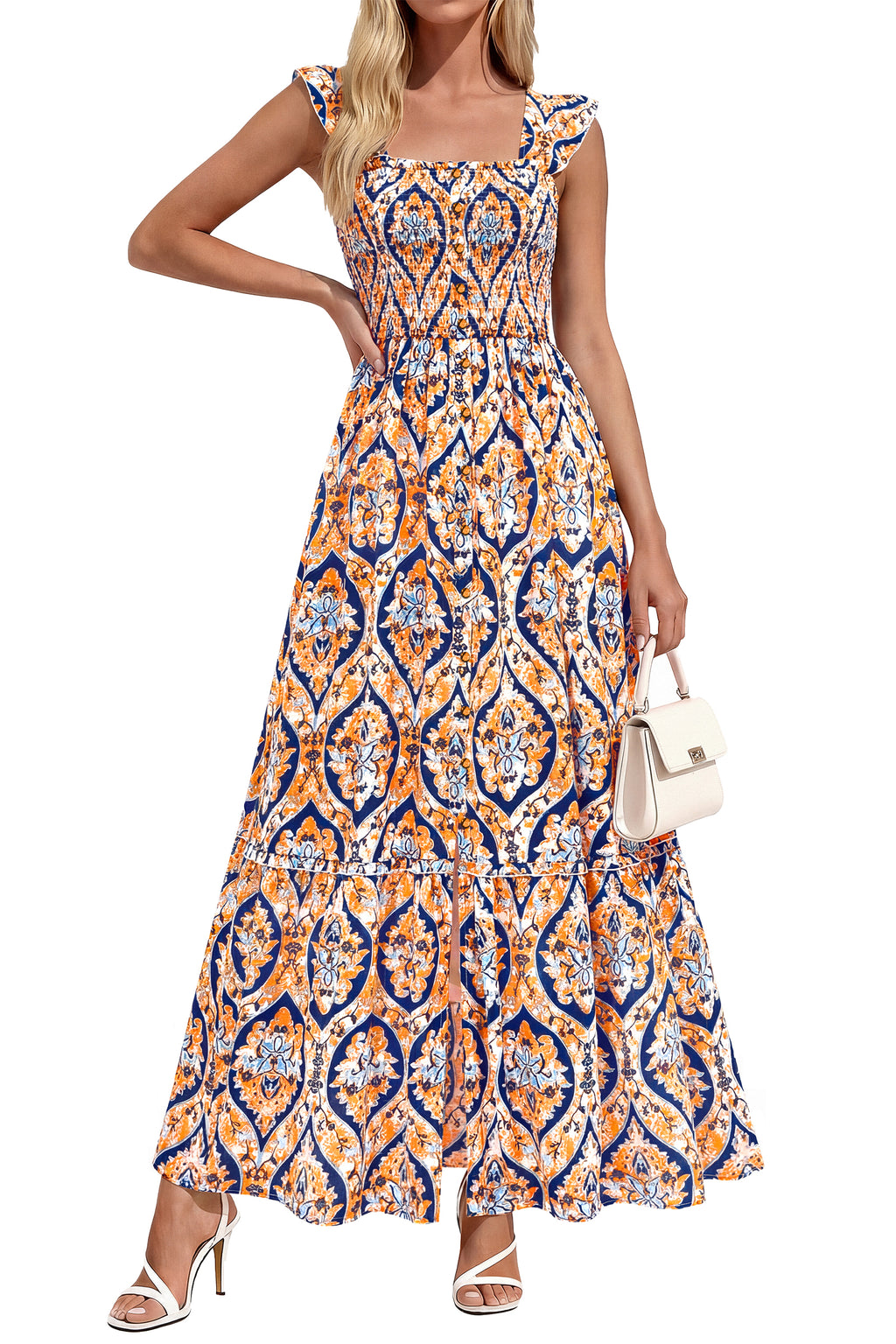 dowerme Womens Summer Maxi Dresses 2026 Casual Ruffle Sleeve Button Smocked Floral Slit Boho Dress Spring Beach Sundress