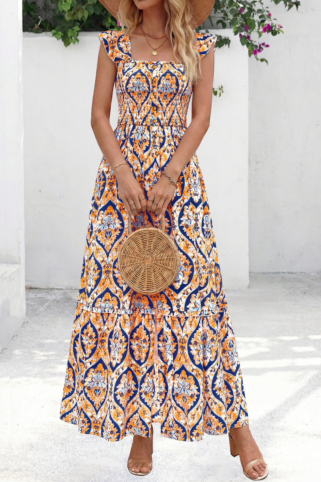 dowerme Womens Summer Maxi Dresses 2026 Casual Ruffle Sleeve Button Smocked Floral Slit Boho Dress Spring Beach Sundress