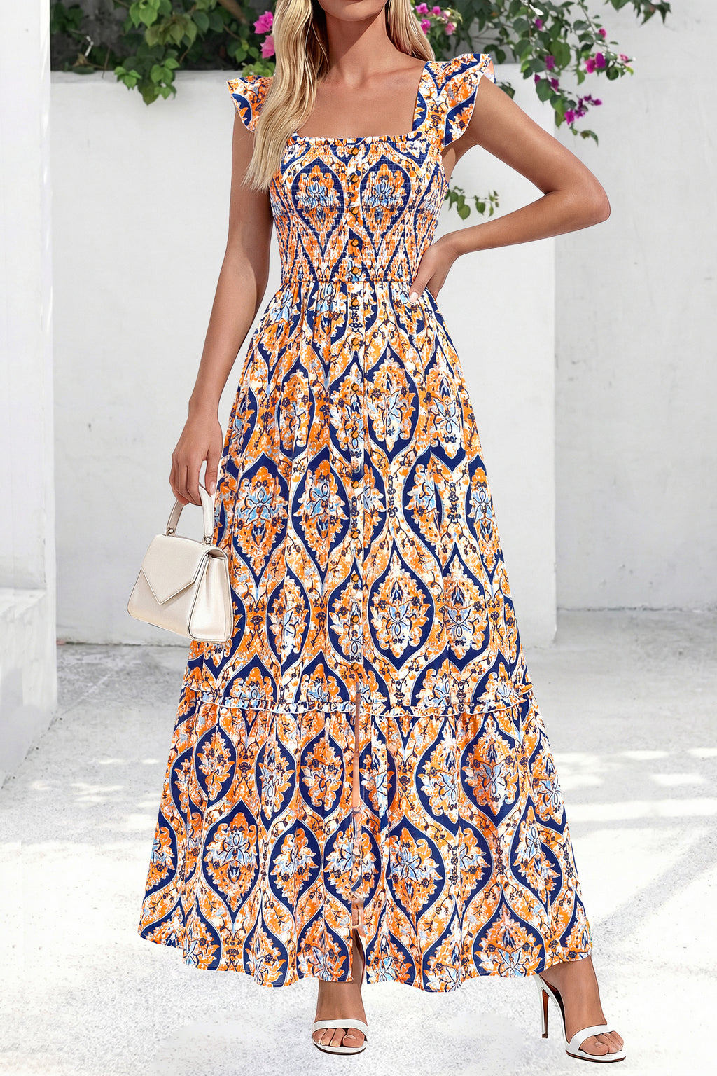 dowerme Womens Summer Maxi Dresses 2026 Casual Ruffle Sleeve Button Smocked Floral Slit Boho Dress Spring Beach Sundress