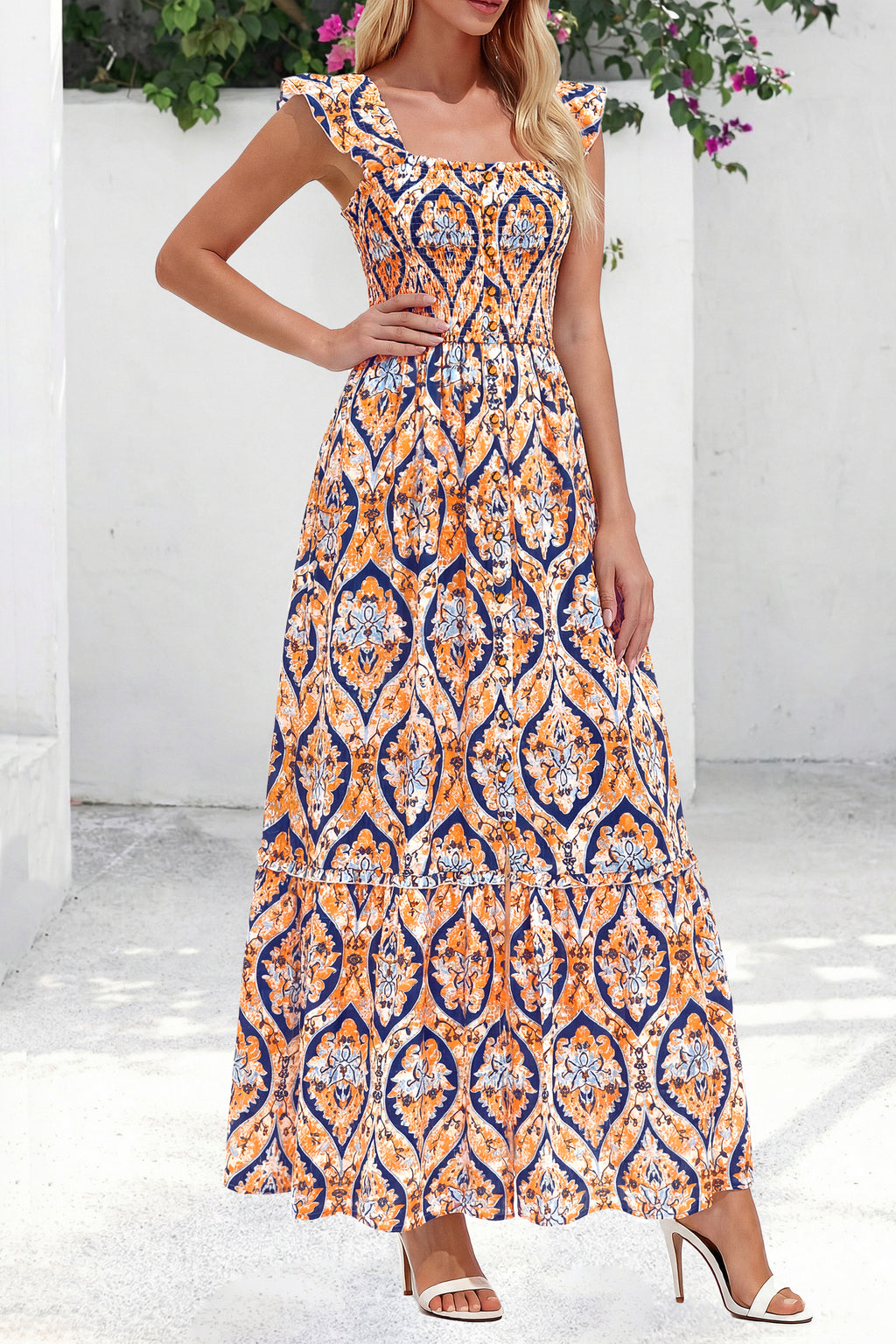 dowerme Womens Summer Maxi Dresses 2026 Casual Ruffle Sleeve Button Smocked Floral Slit Boho Dress Spring Beach Sundress