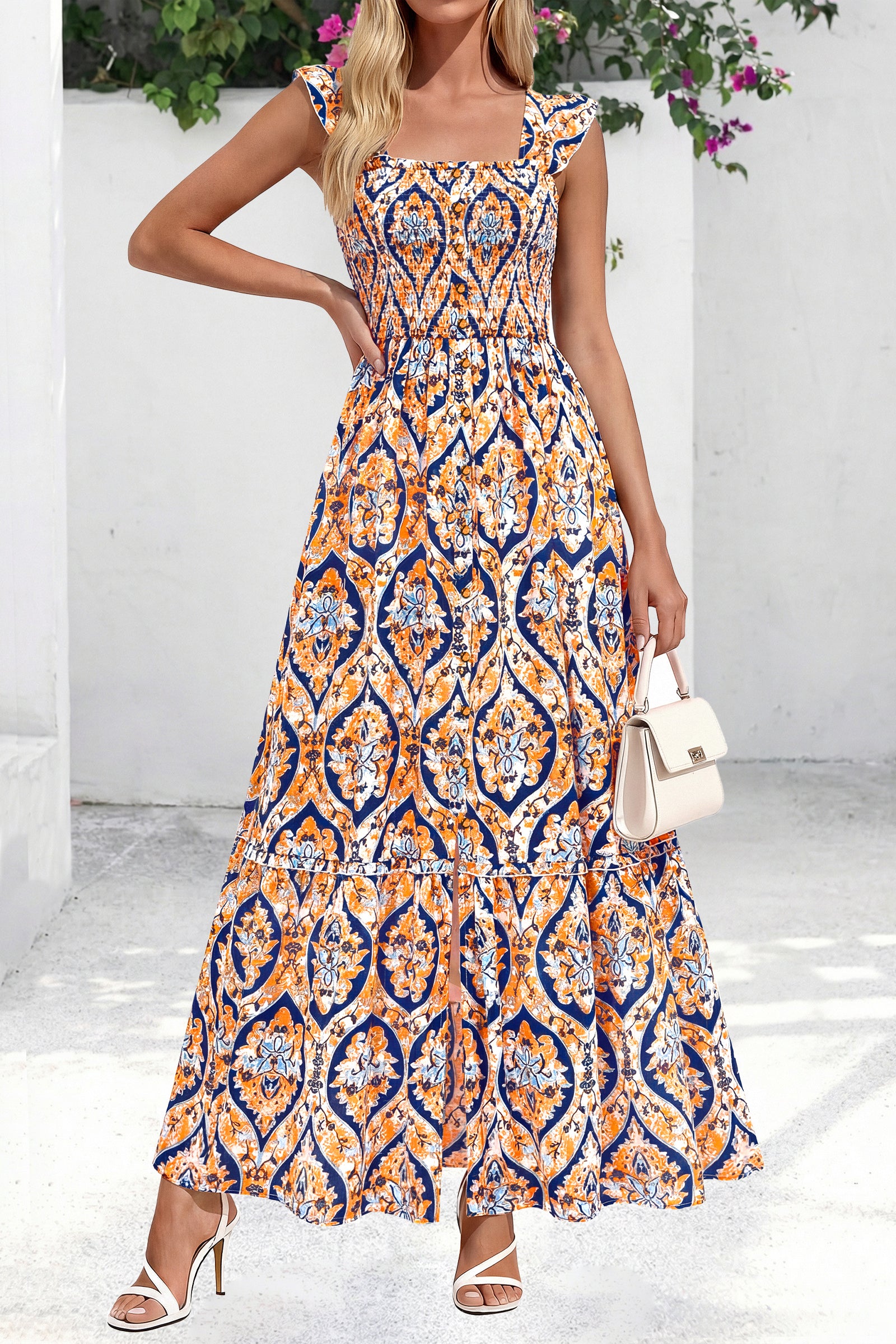 dowerme Womens Summer Maxi Dresses 2026 Casual Ruffle Sleeve Button Smocked Floral Slit Boho Dress Spring Beach Sundress