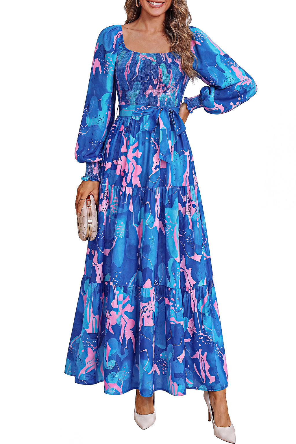 dowerme Womens Dresses Fall Fashion Puff Long Sleeve Sweetheart Neck Smocked A Line Boho Floral Wedding Guest Maxi Dress