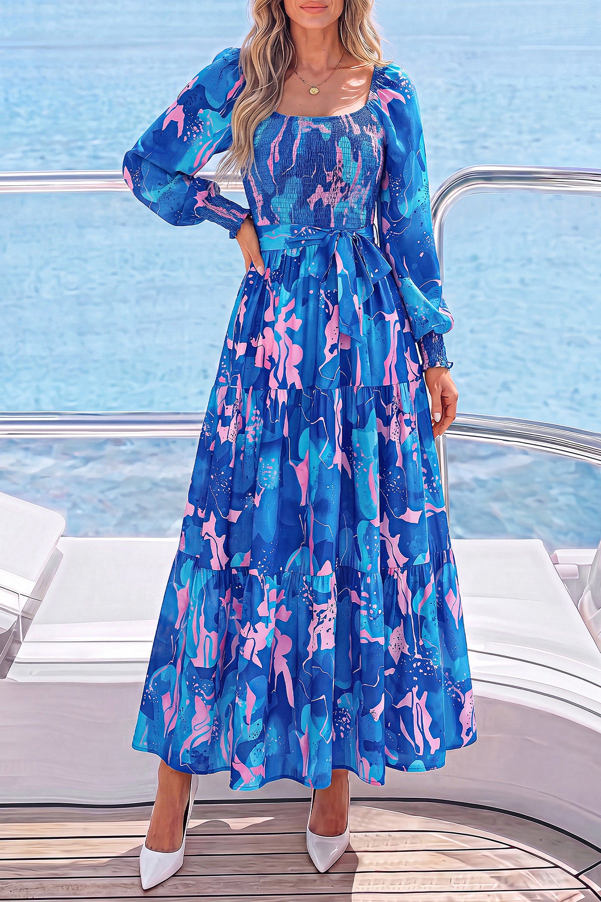 dowerme Womens Dresses Fall Fashion Puff Long Sleeve Sweetheart Neck Smocked A Line Boho Floral Wedding Guest Maxi Dress
