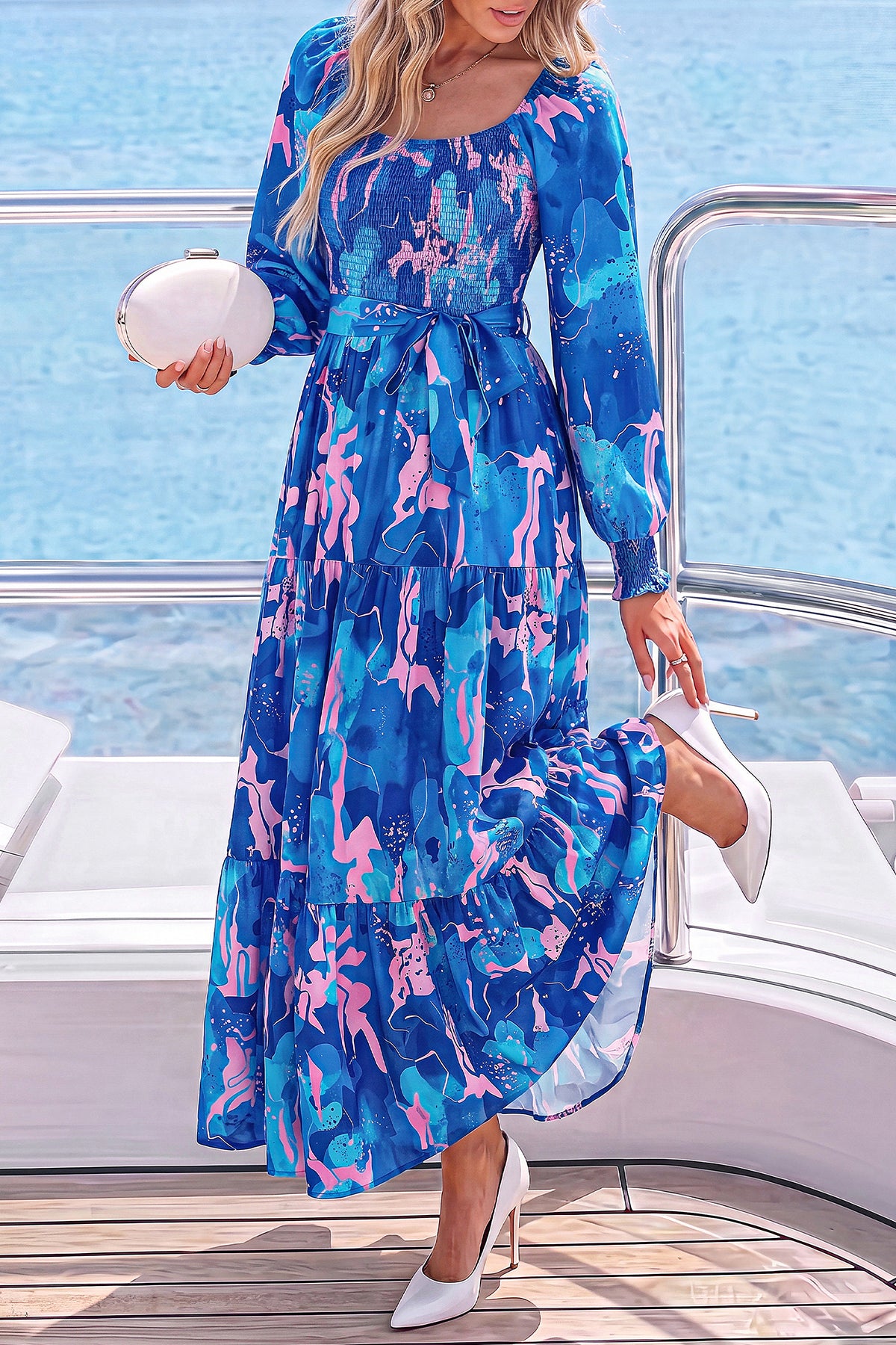 dowerme Womens Dresses Fall Fashion Puff Long Sleeve Sweetheart Neck Smocked A Line Boho Floral Wedding Guest Maxi Dress