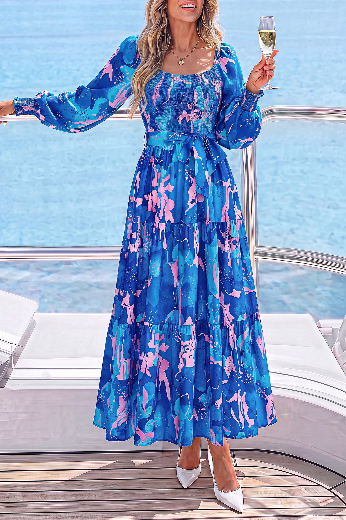dowerme Womens Dresses Fall Fashion Puff Long Sleeve Sweetheart Neck Smocked A Line Boho Floral Wedding Guest Maxi Dress
