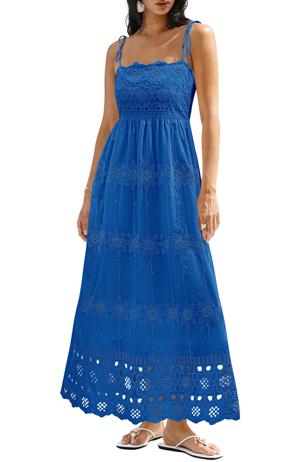 dowerme Womens Summer Maxi Dresses 2026 Casual Spaghetti Strap Smocked Eyelet Cotton Dress Long Beach Vacation Sundress