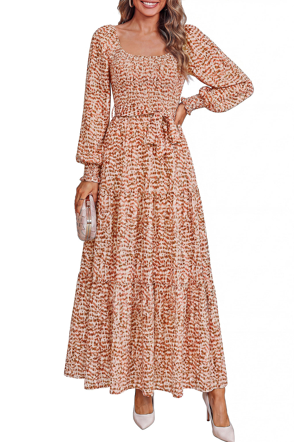 dowerme Womens Dresses Fall Fashion Puff Long Sleeve Sweetheart Neck Smocked A Line Boho Floral Wedding Guest Maxi Dress