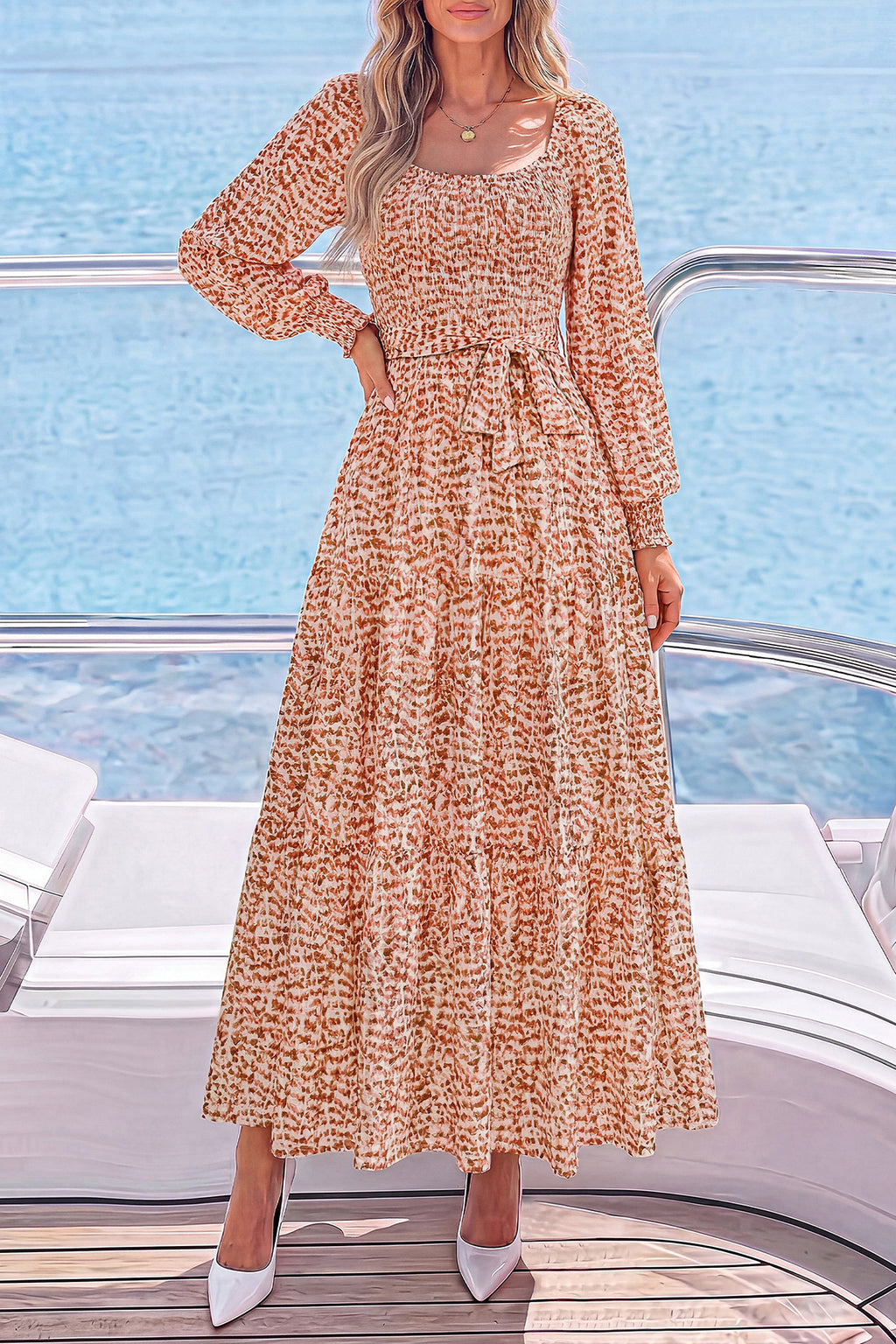 dowerme Womens Dresses Fall Fashion Puff Long Sleeve Sweetheart Neck Smocked A Line Boho Floral Wedding Guest Maxi Dress