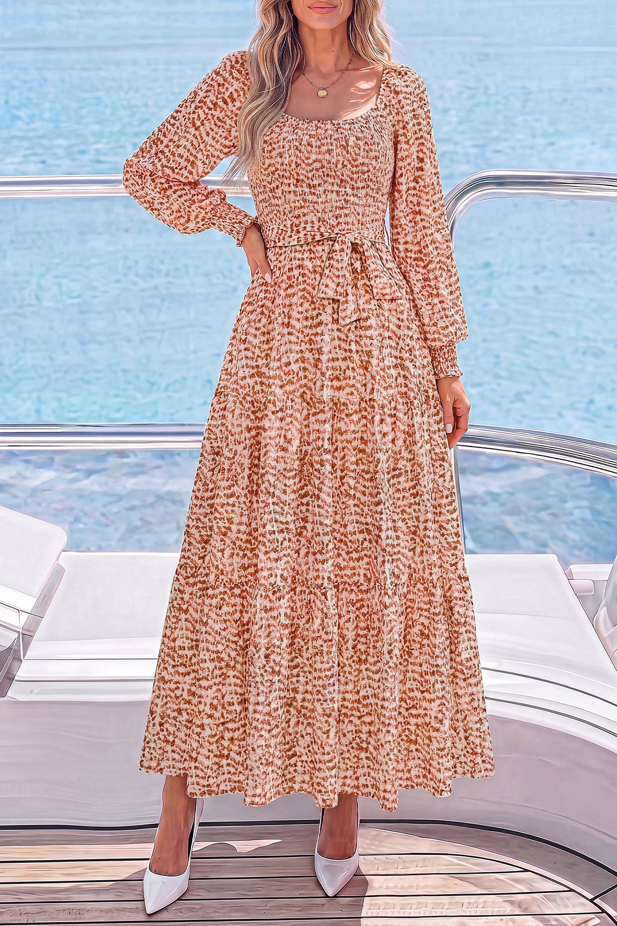 dowerme Womens Dresses Fall Fashion Puff Long Sleeve Sweetheart Neck Smocked A Line Boho Floral Wedding Guest Maxi Dress