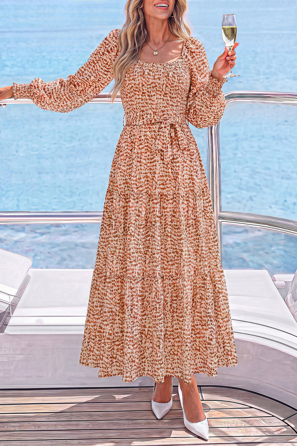 dowerme Womens Dresses Fall Fashion Puff Long Sleeve Sweetheart Neck Smocked A Line Boho Floral Wedding Guest Maxi Dress
