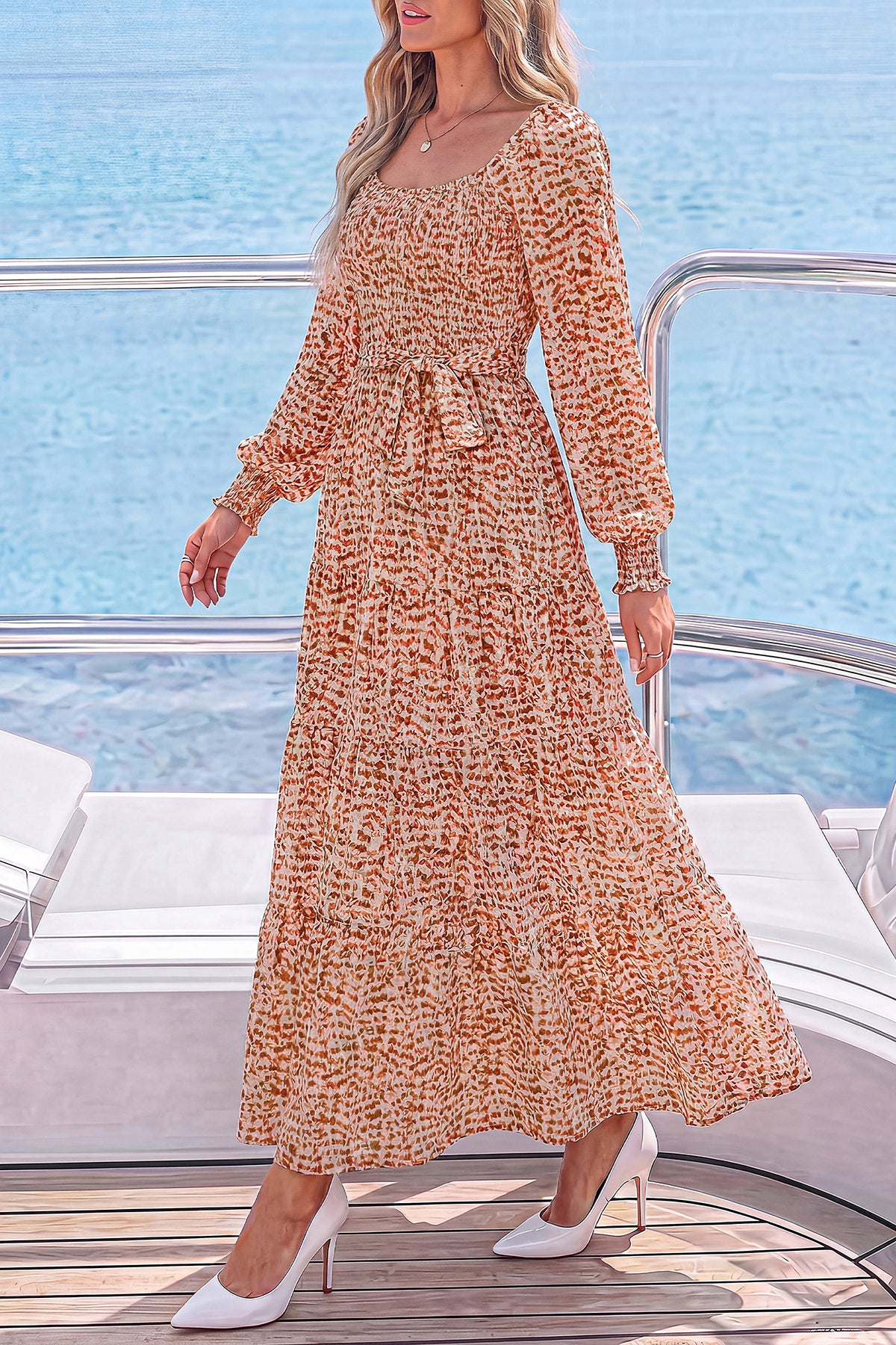 dowerme Womens Dresses Fall Fashion Puff Long Sleeve Sweetheart Neck Smocked A Line Boho Floral Wedding Guest Maxi Dress