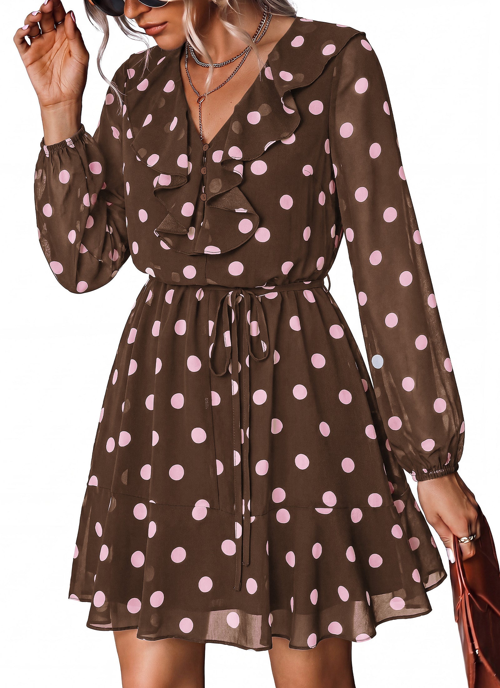 dowerme Women Belted Floral Polka Dot Mini Dress