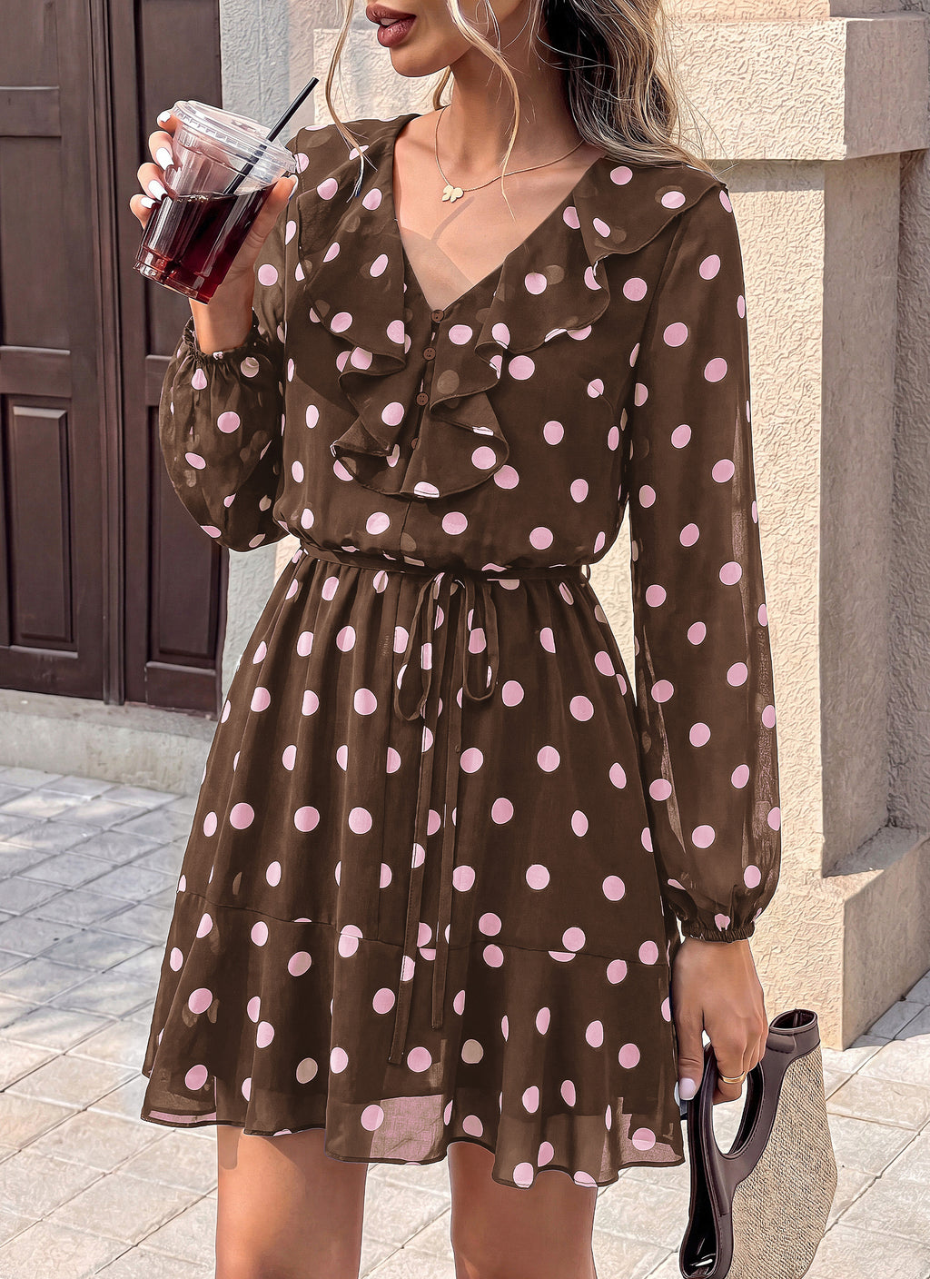 dowerme Women Belted Floral Polka Dot Mini Dress