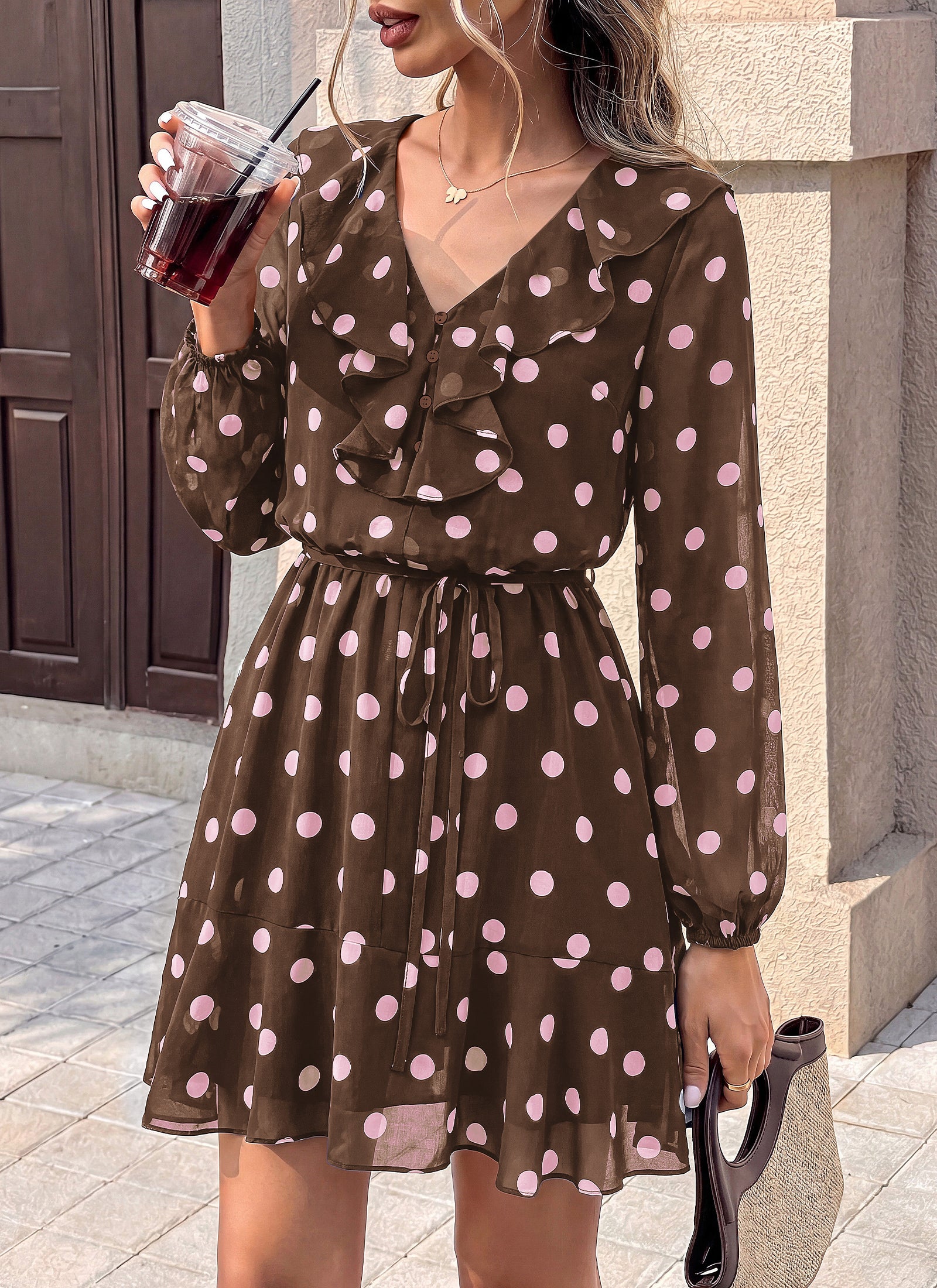 dowerme Women Belted Floral Polka Dot Mini Dress