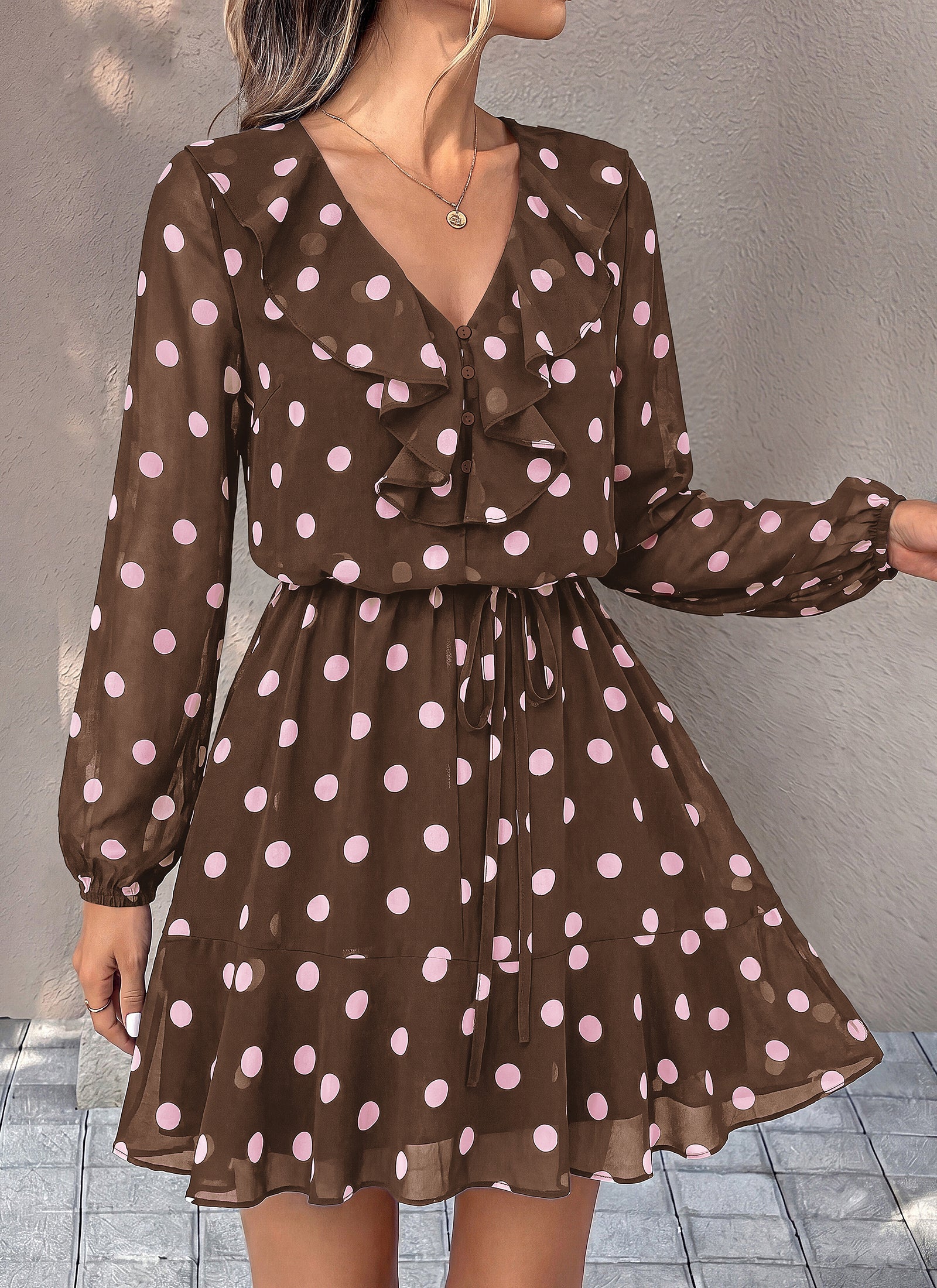 dowerme Women Belted Floral Polka Dot Mini Dress