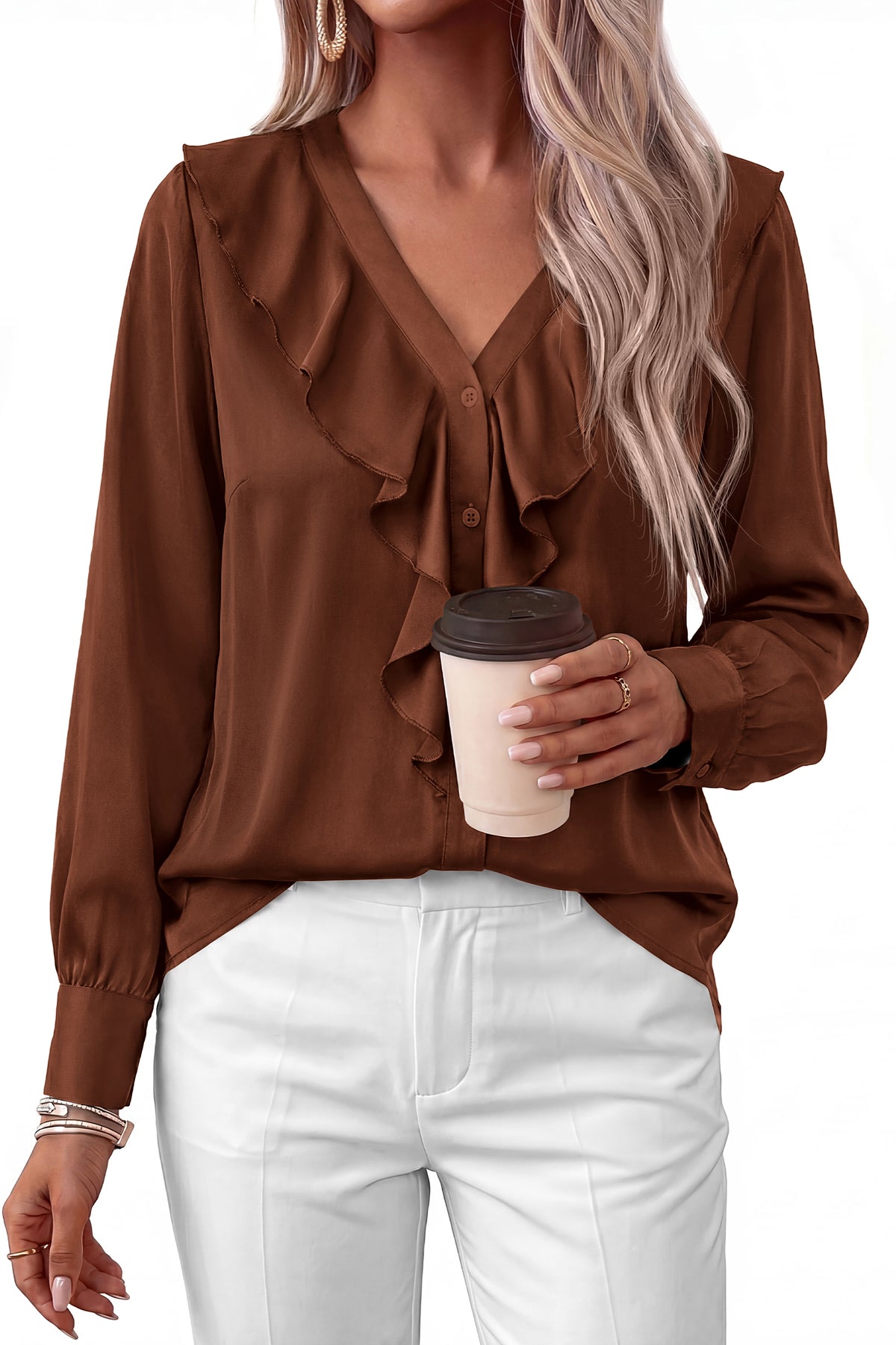 dowerme Womens Long Sleeve Tops Satin Ruffle Button Shirts