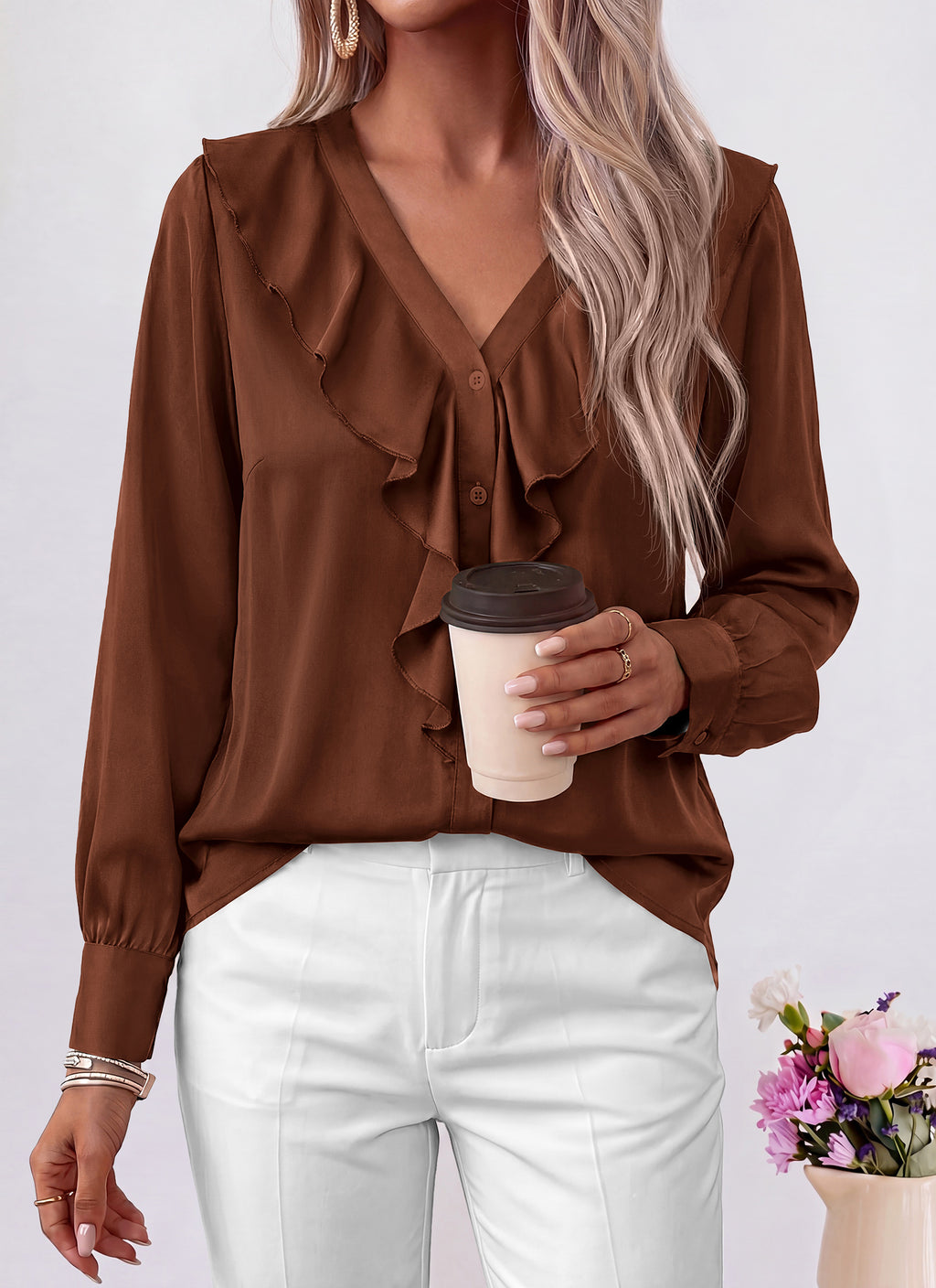 dowerme Womens Long Sleeve Tops Satin Ruffle Button Shirts
