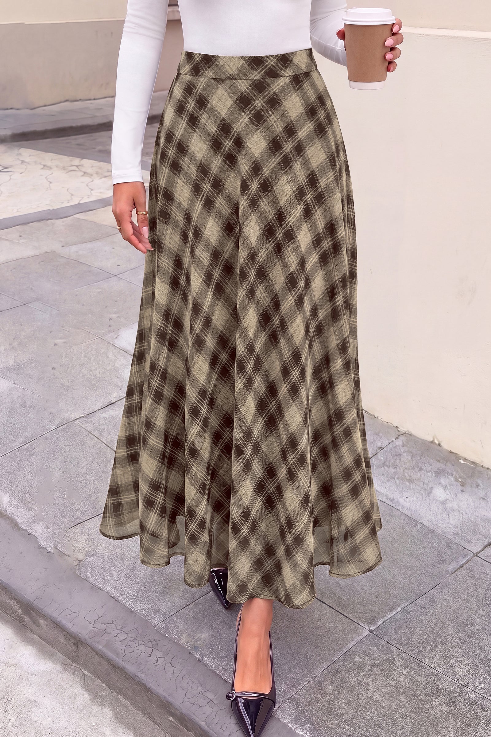 dowerme Casual A-Line Plaid Maxi Skirts for Women Trendy