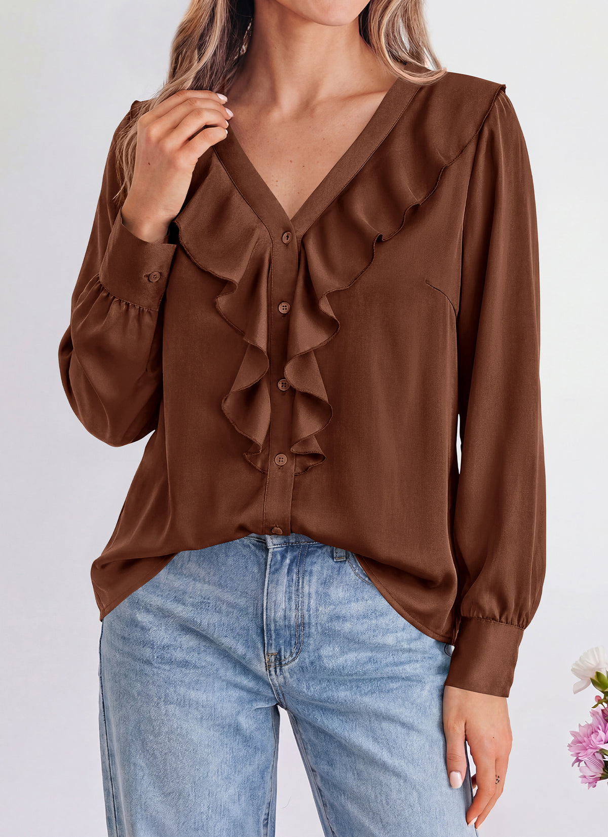dowerme Womens Long Sleeve Tops Satin Ruffle Button Shirts