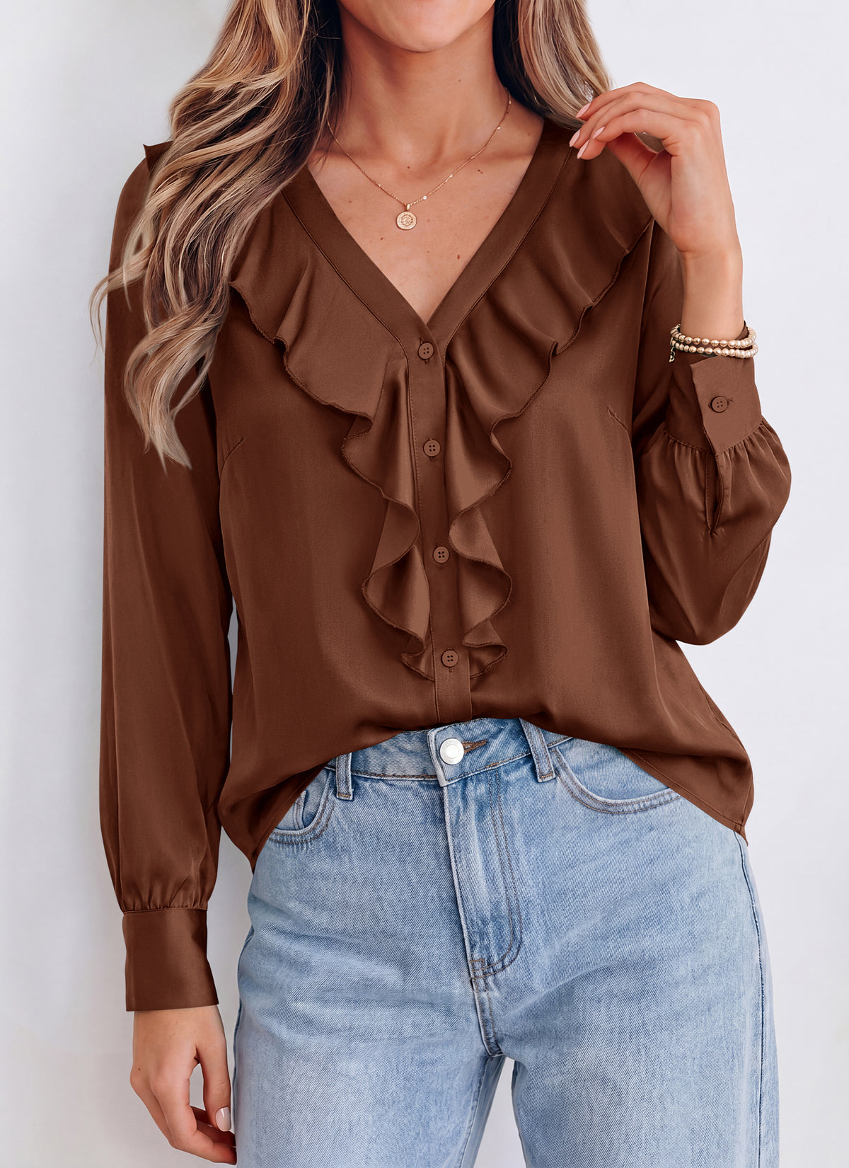 dowerme Womens Long Sleeve Tops Satin Ruffle Button Shirts