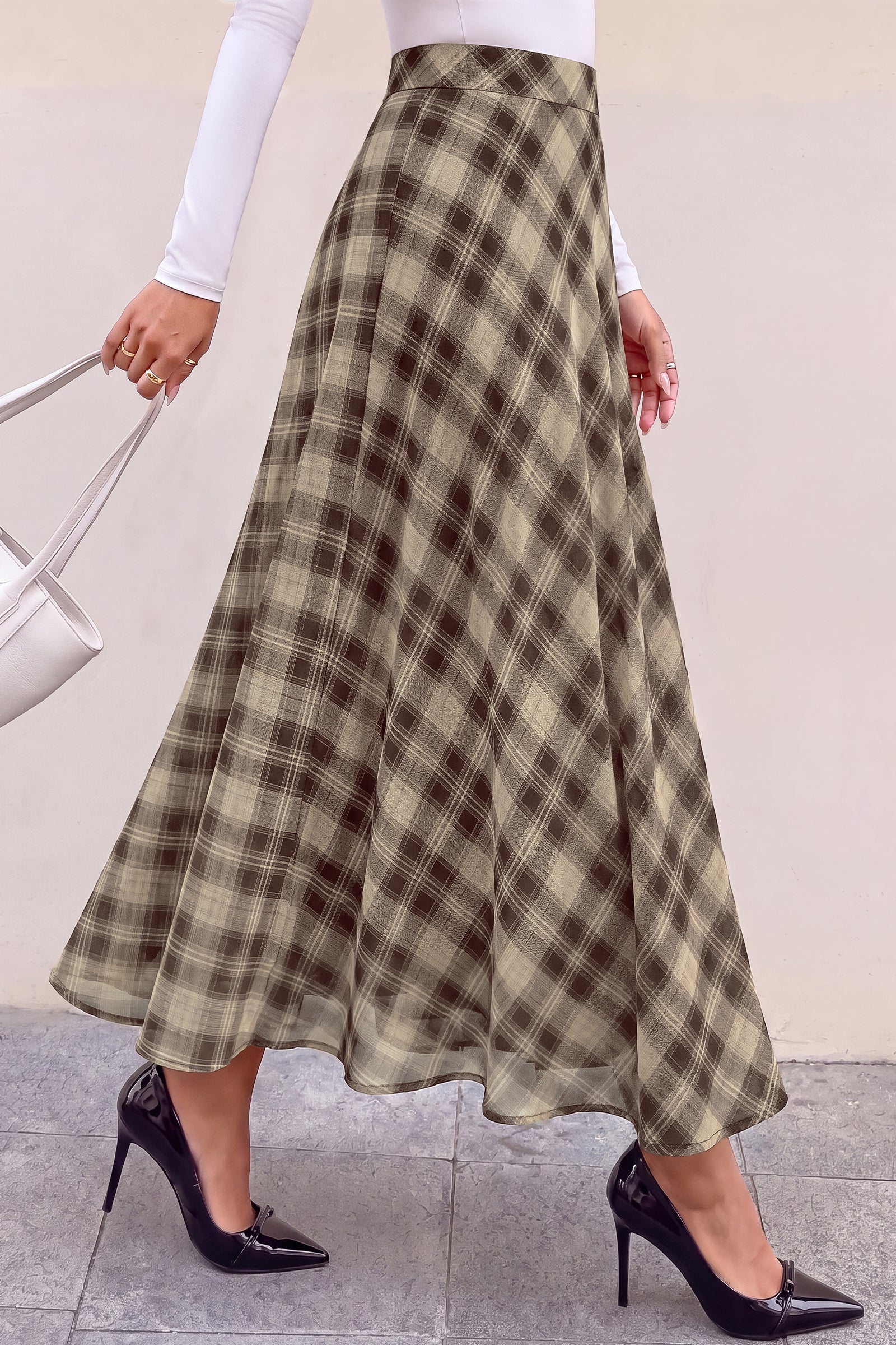 dowerme Casual A-Line Plaid Maxi Skirts for Women Trendy
