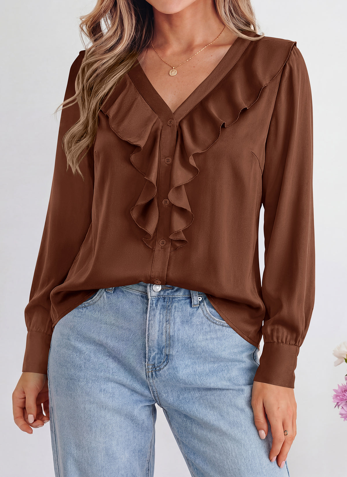 dowerme Womens Long Sleeve Tops Satin Ruffle Button Shirts