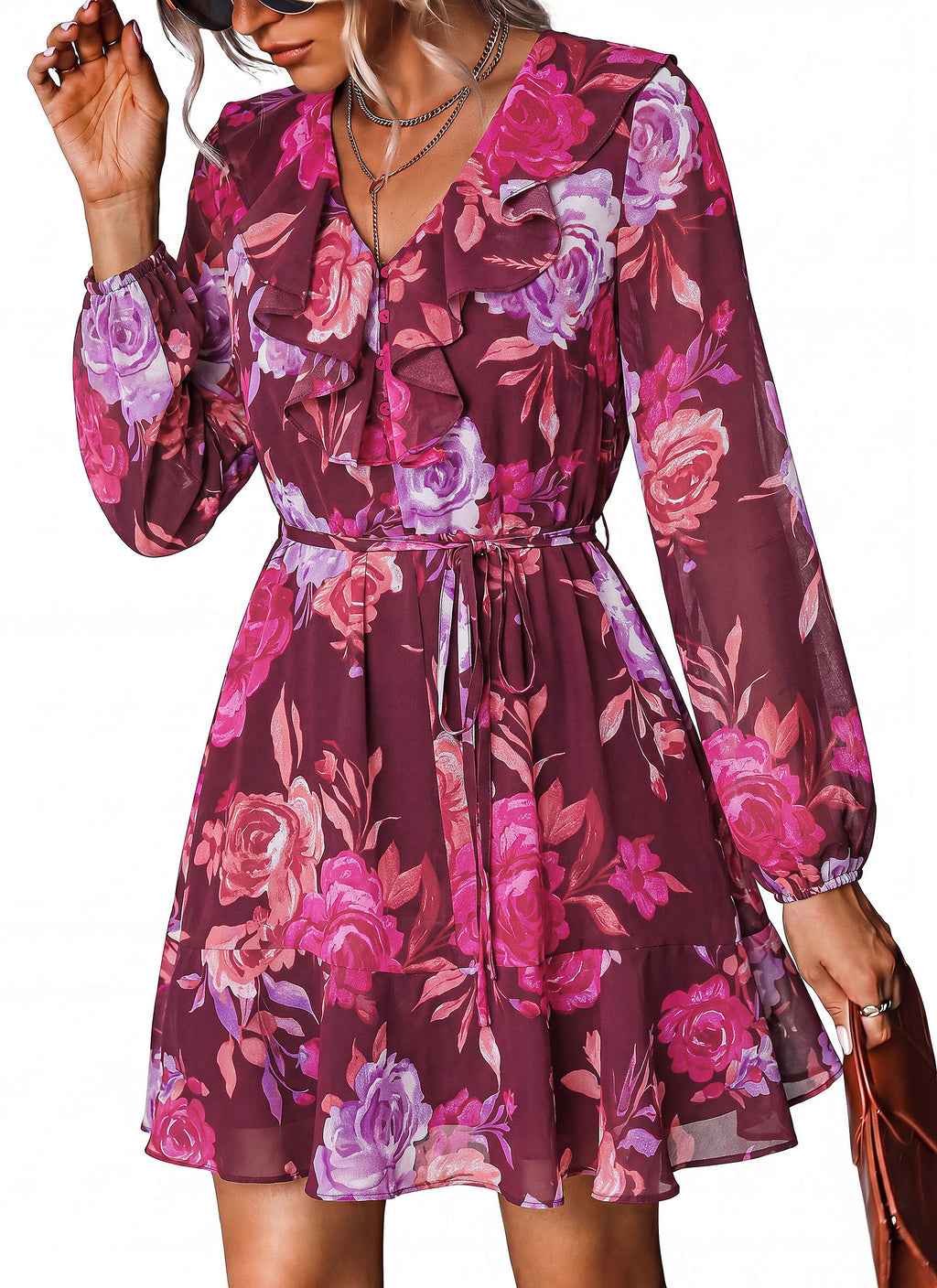 dowerme Women Belted Floral Polka Dot Mini Dress