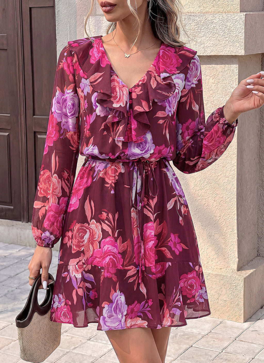 dowerme Women Belted Floral Polka Dot Mini Dress