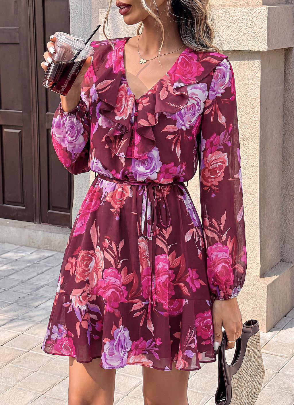 dowerme Women Belted Floral Polka Dot Mini Dress