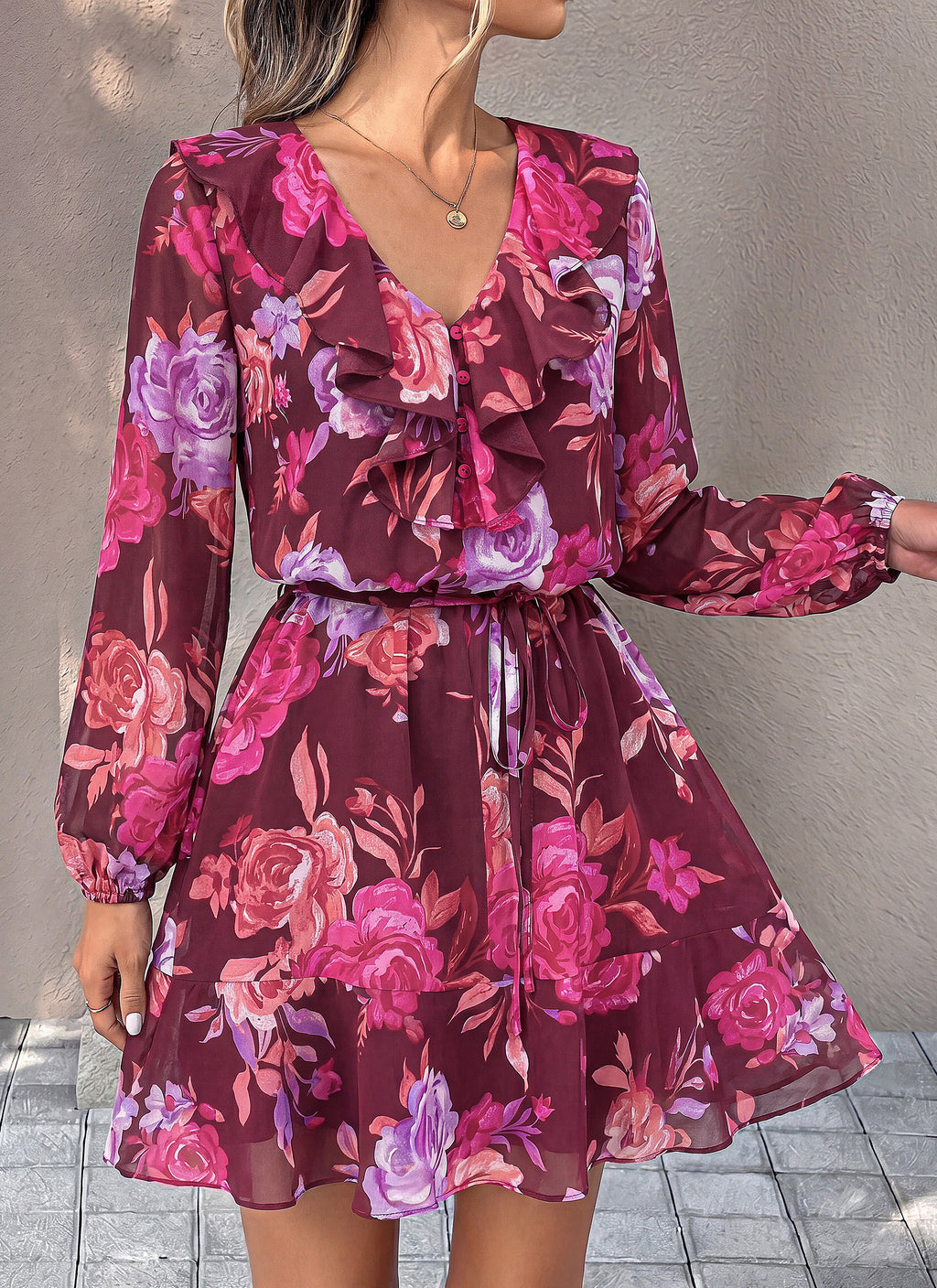dowerme Women Belted Floral Polka Dot Mini Dress