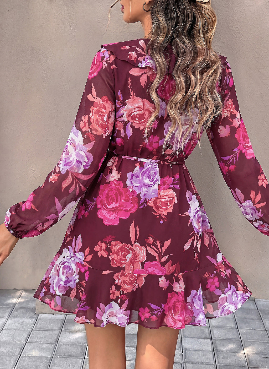 dowerme Women Belted Floral Polka Dot Mini Dress