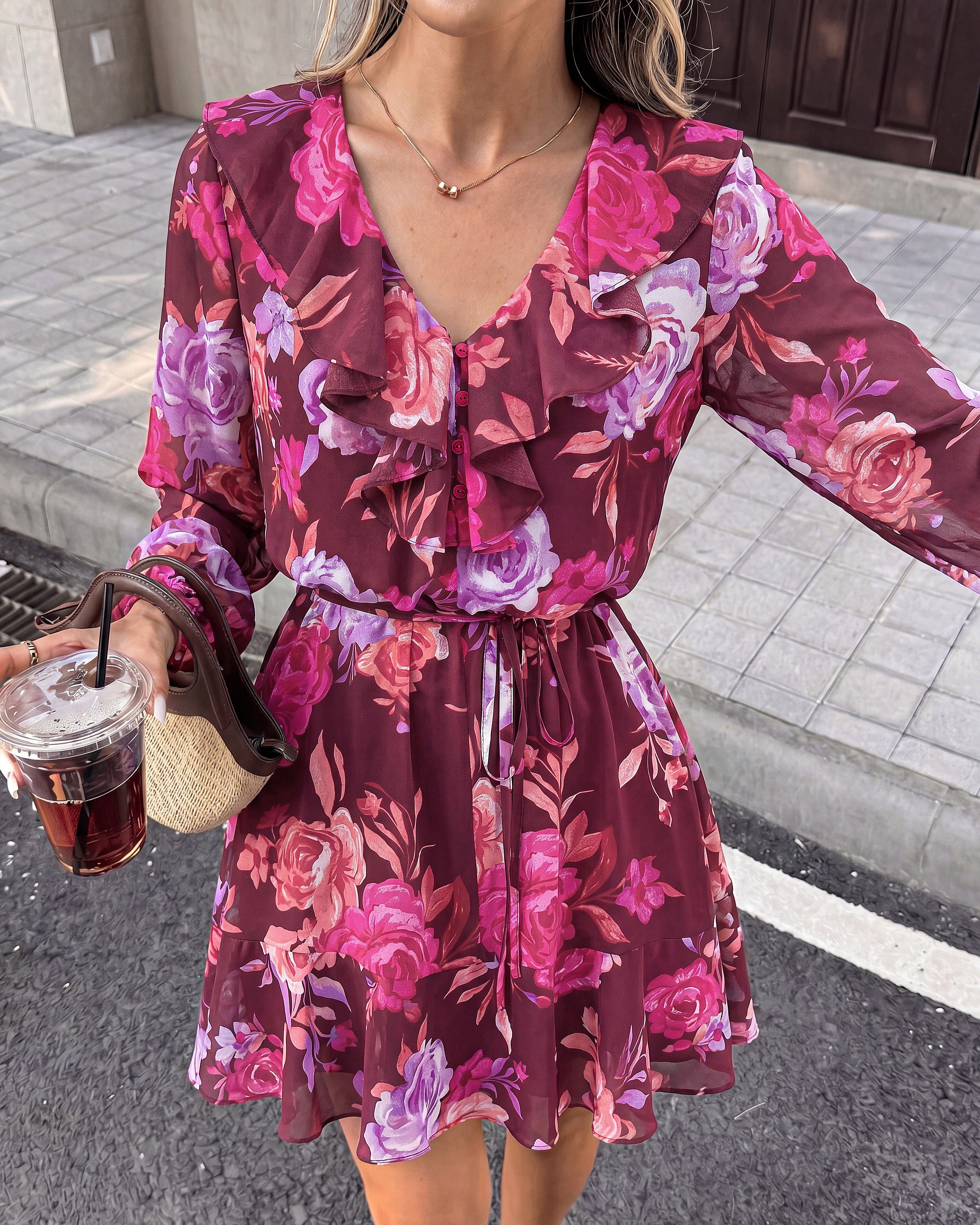 dowerme Women Belted Floral Polka Dot Mini Dress