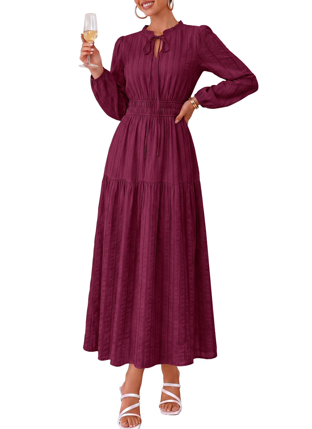 dowerme Women Fall Long Sleeve Dress 2026 Casual Ruffle V Neck Tie Front Elastic Waist Maxi Cotton Wedding Guest Dresses
