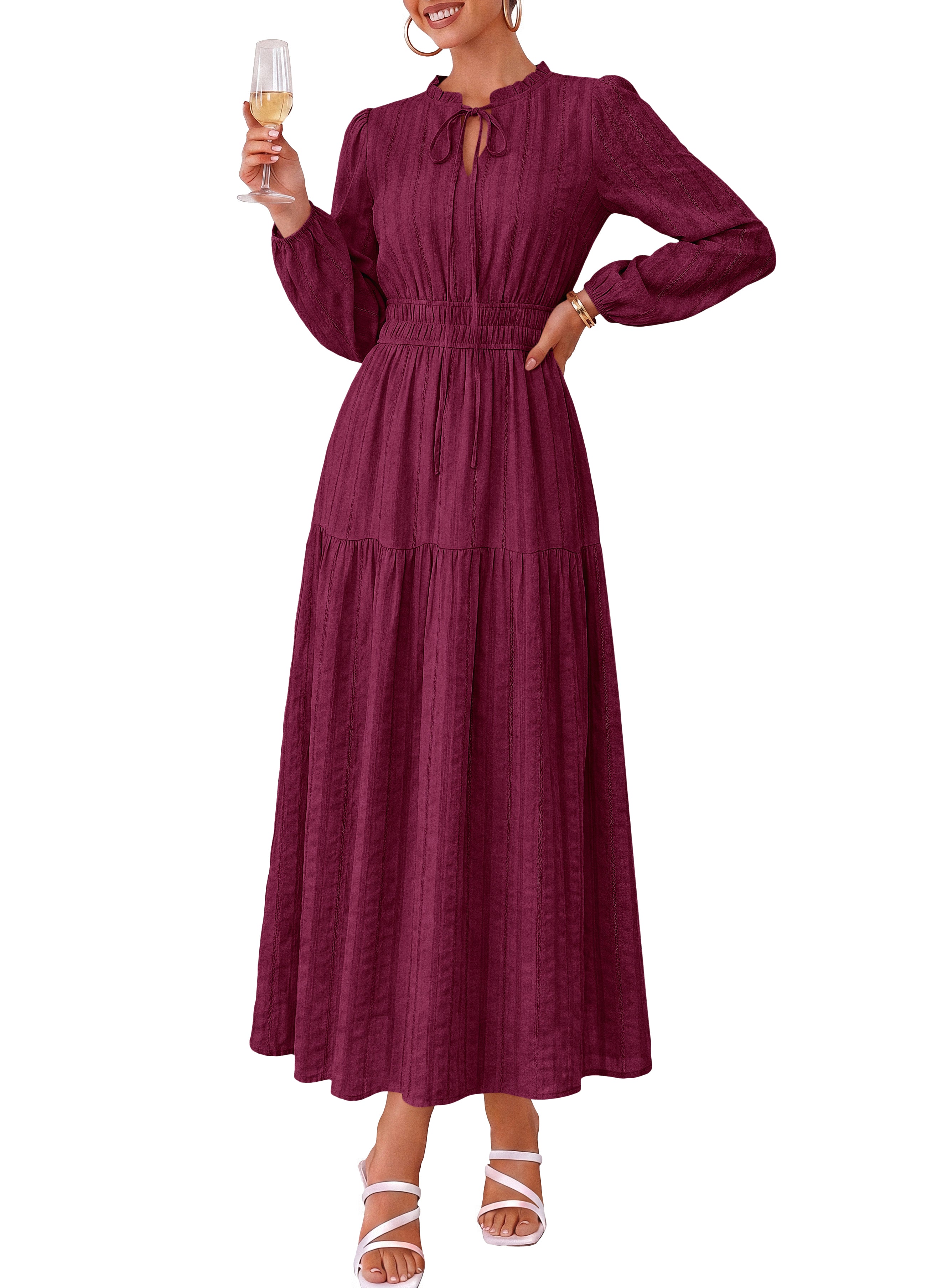 dowerme Women Fall Long Sleeve Dress 2026 Casual Ruffle V Neck Tie Front Elastic Waist Maxi Cotton Wedding Guest Dresses