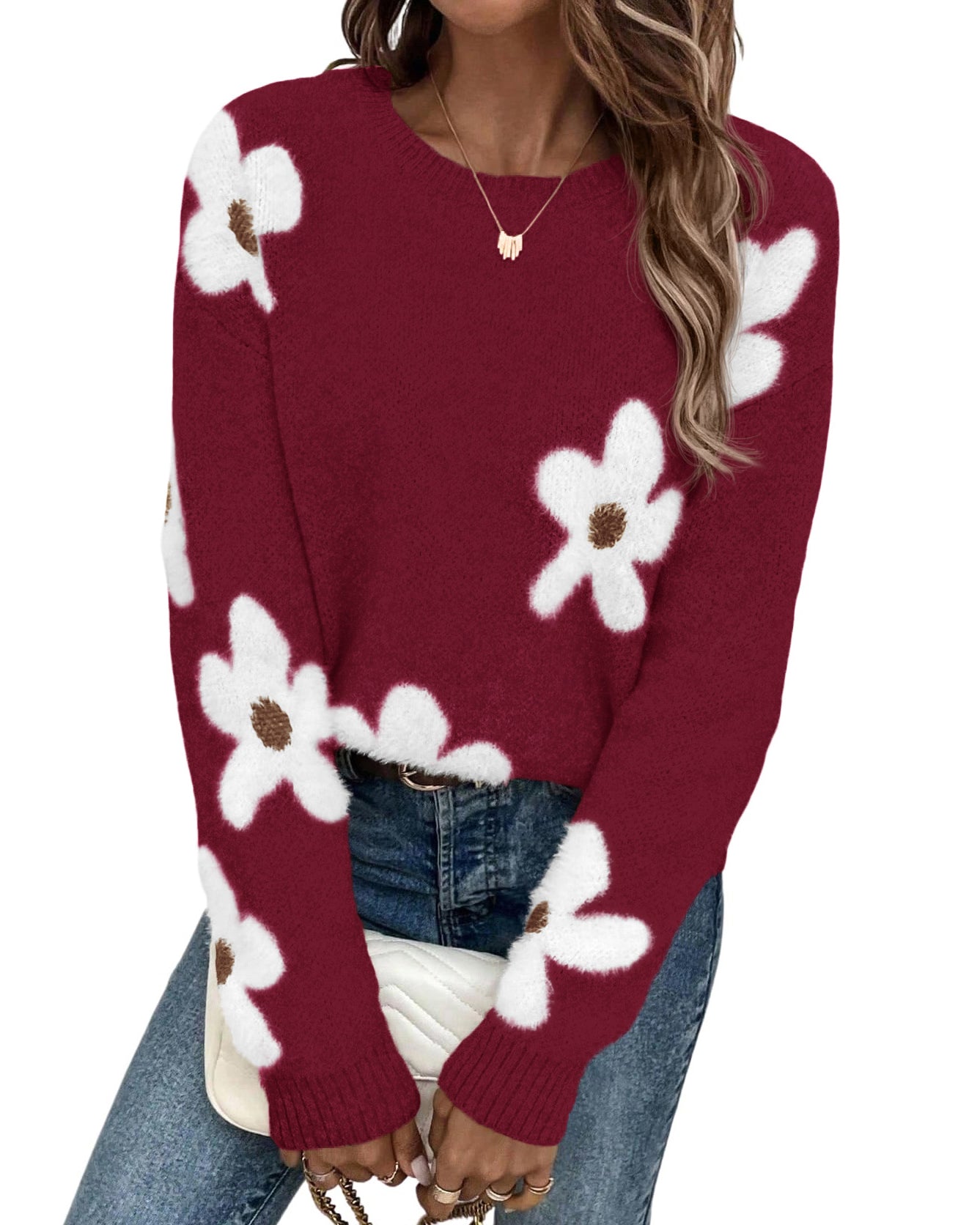 dowerme Womens Fall Sweaters 2026 Cute Long Sleeve Crewneck Pullover Tops Loose Floral Graphic Chunky Winter Sweater