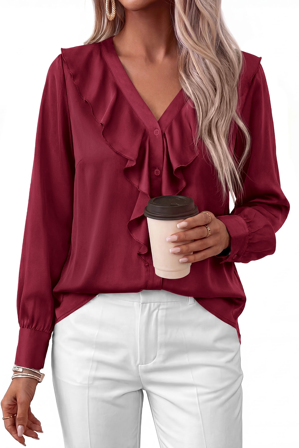 dowerme Womens Long Sleeve Tops Satin Ruffle Button Shirts