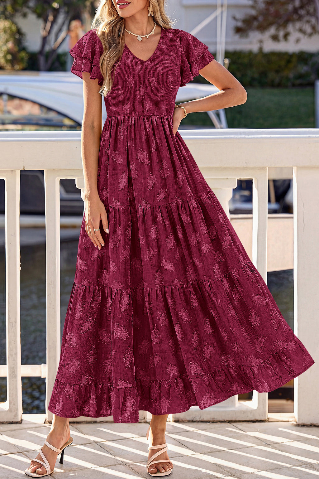 dowerme Maxi Dresses For Women 2026 Summer Ruffle Sleeve V Neck Smocked A Line Floral Boho Tiered Sundress Spring Outfit