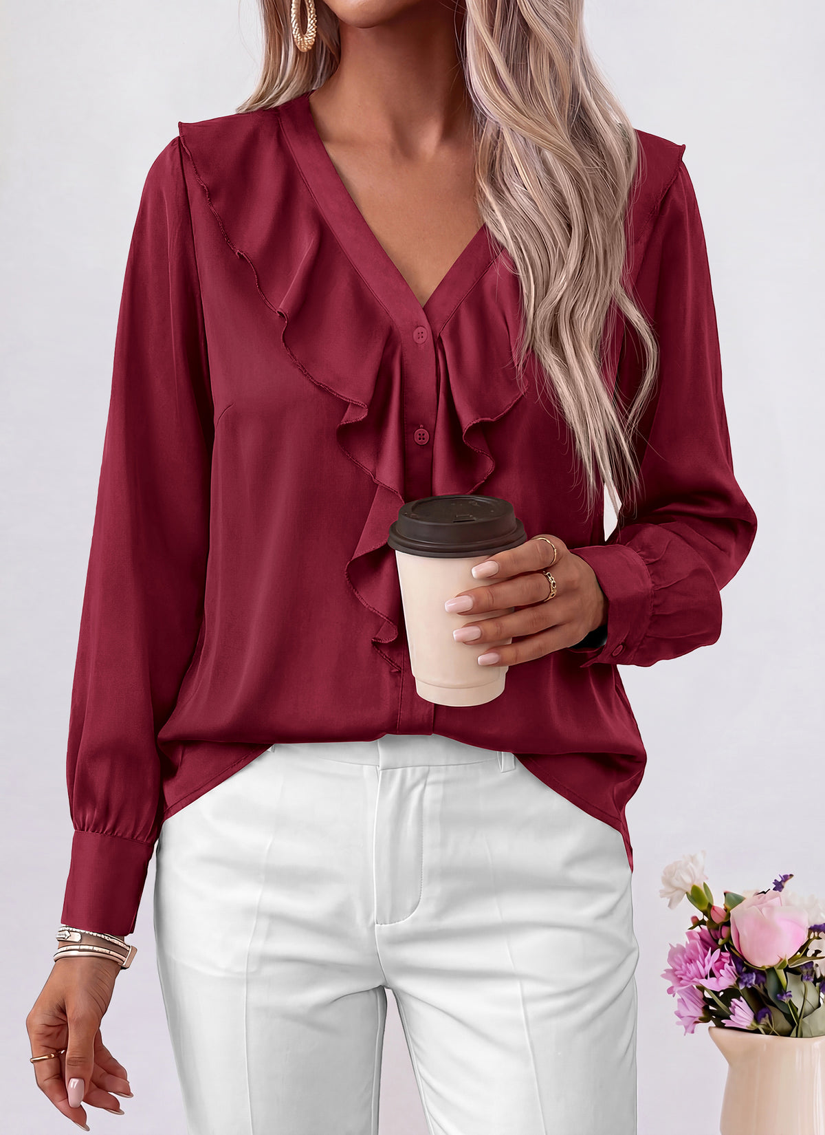 dowerme Womens Long Sleeve Tops Satin Ruffle Button Shirts
