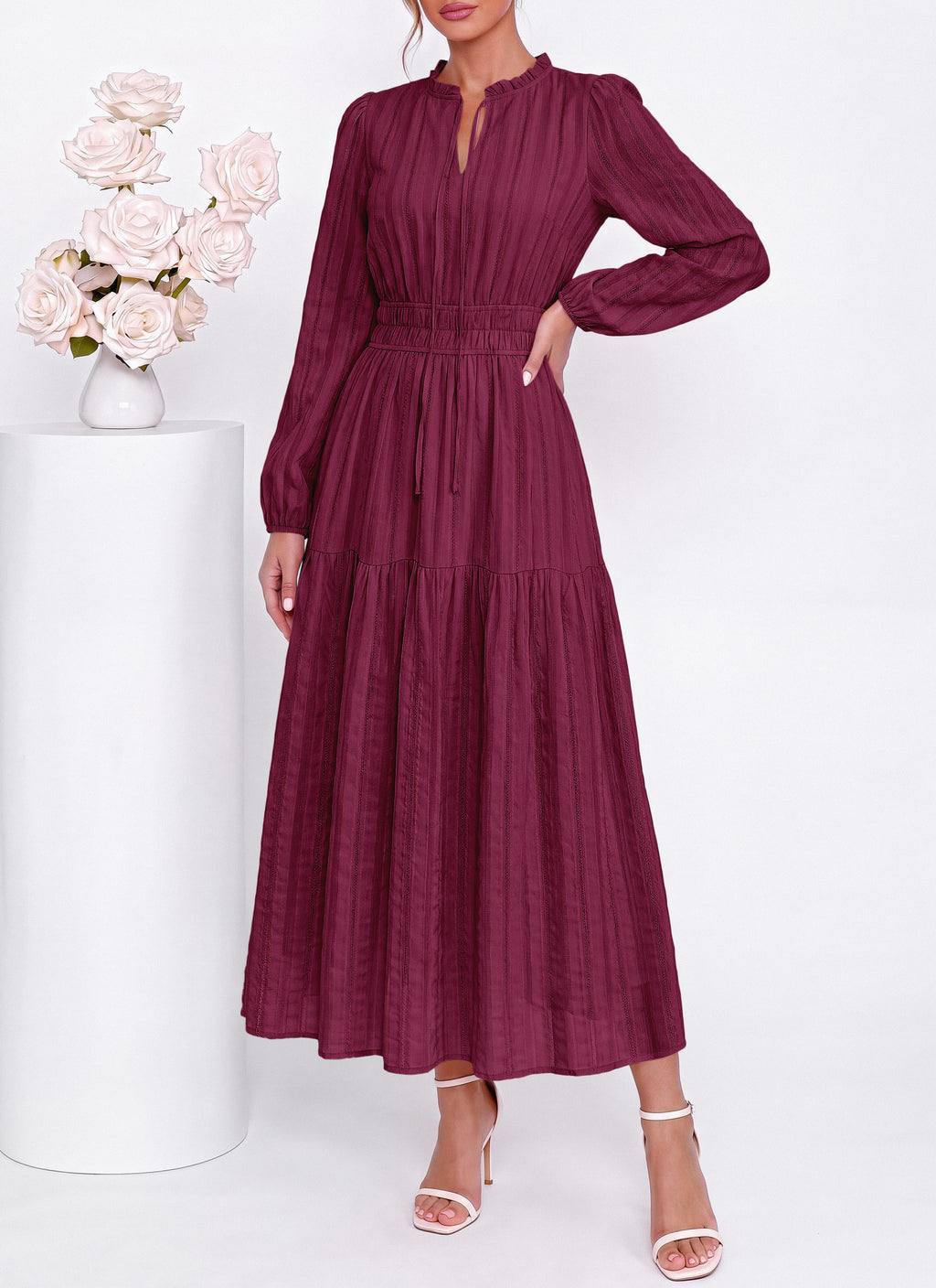 dowerme Women Fall Long Sleeve Dress 2026 Casual Ruffle V Neck Tie Front Elastic Waist Maxi Cotton Wedding Guest Dresses