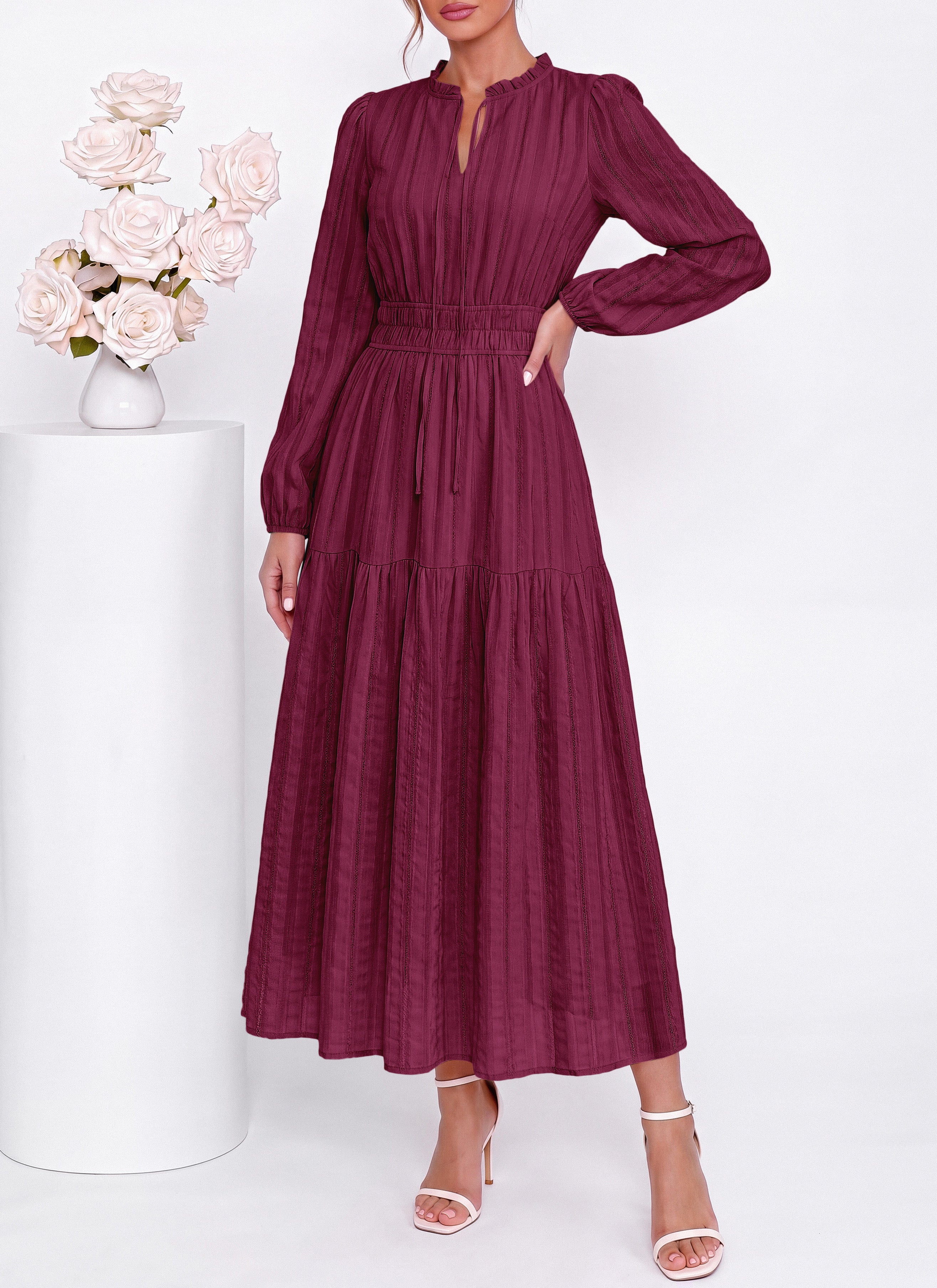 dowerme Women Fall Long Sleeve Dress 2026 Casual Ruffle V Neck Tie Front Elastic Waist Maxi Cotton Wedding Guest Dresses